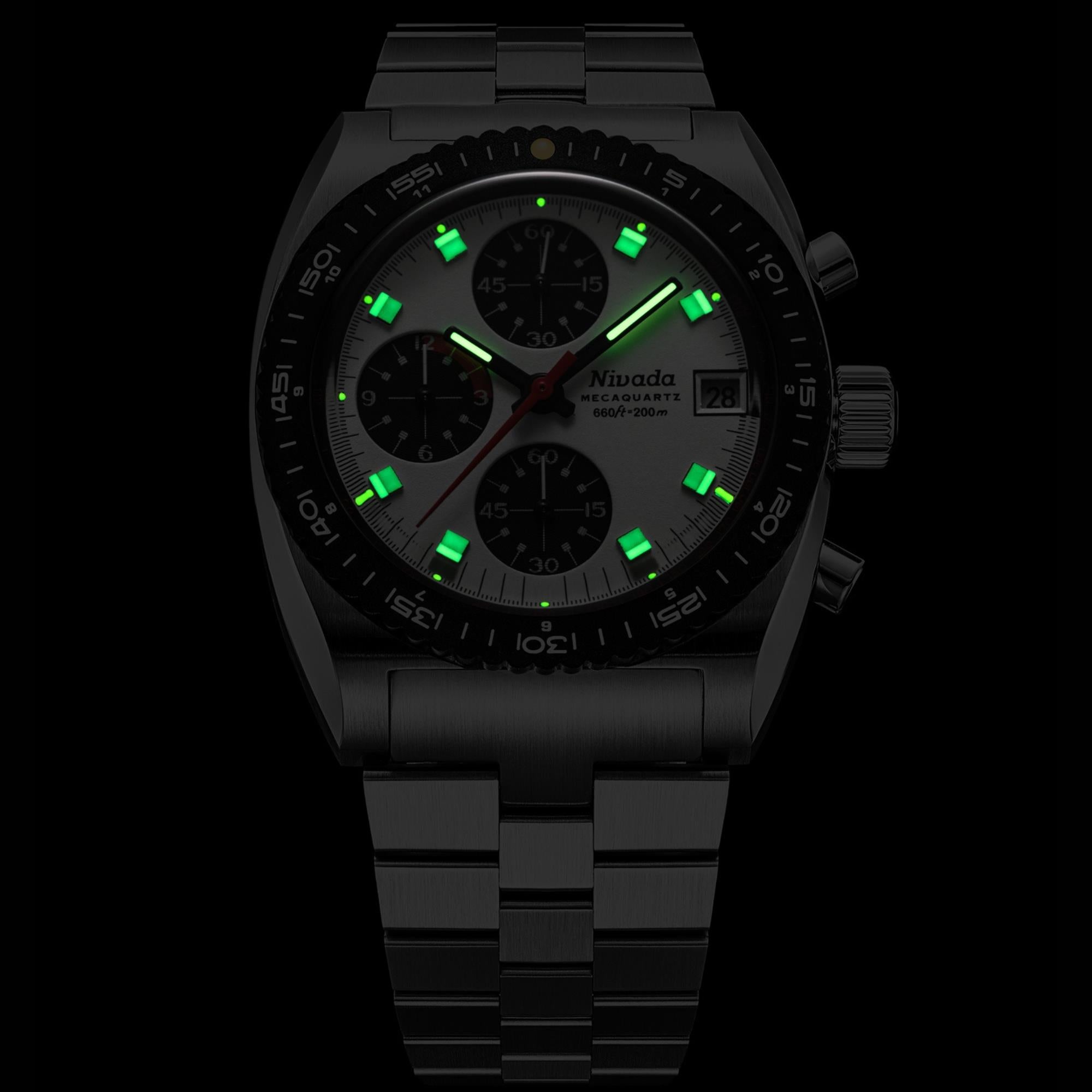 Men's black chronograph watch with dark dial, green hour markers, date window