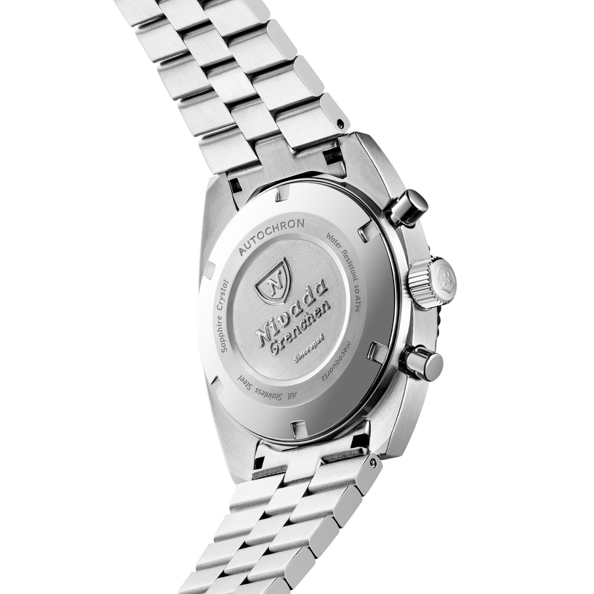Steel watch caseback with engraved Autochron and metal bracelet