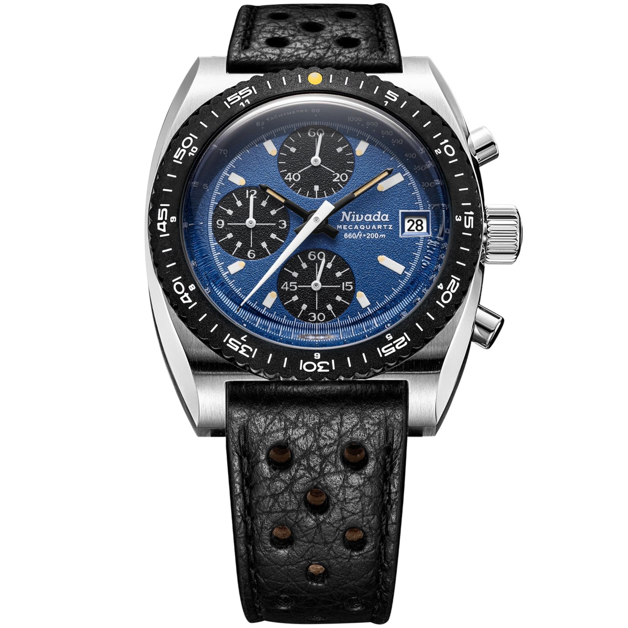 Nivada Grenchen Autochron 38mm Blue Dial Leather Watch 77005Q10