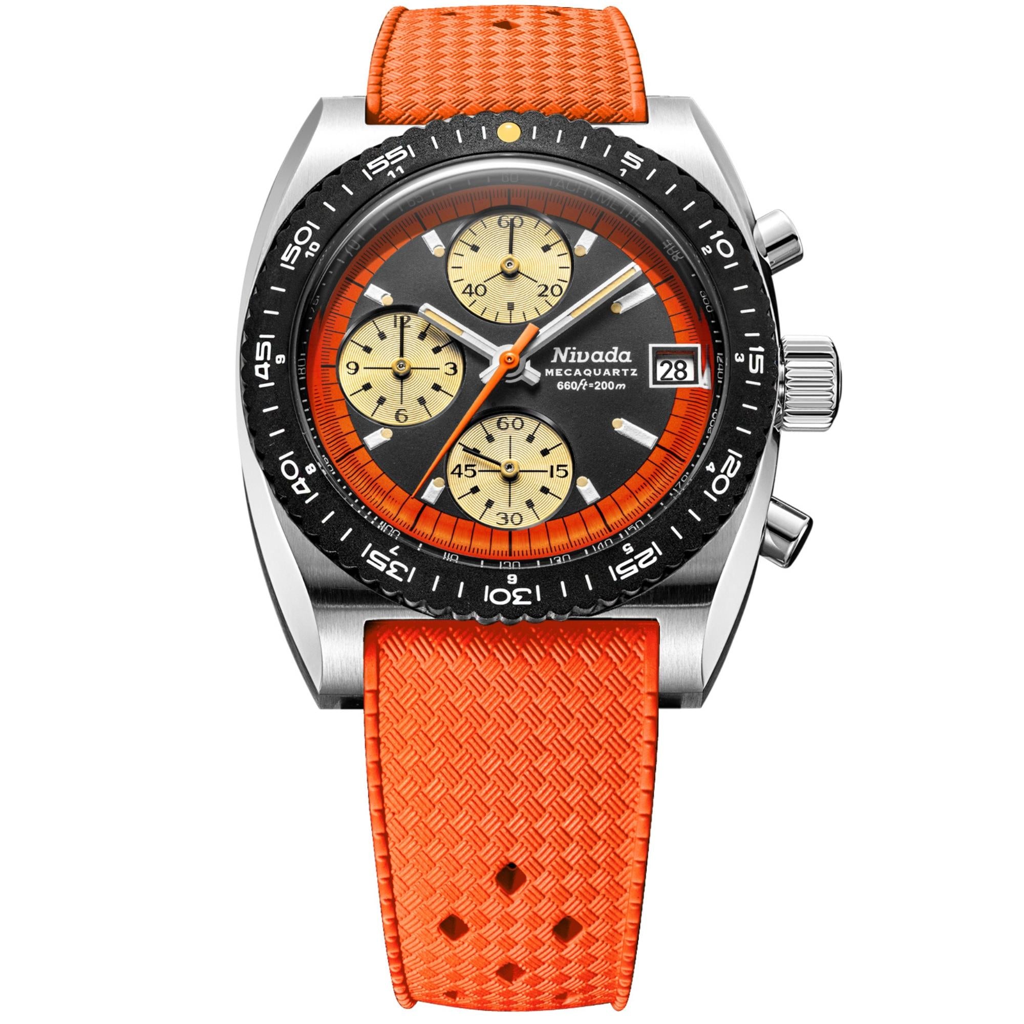 Men's chronograph wristwatch with orange rubber strap and black dial, orange accents