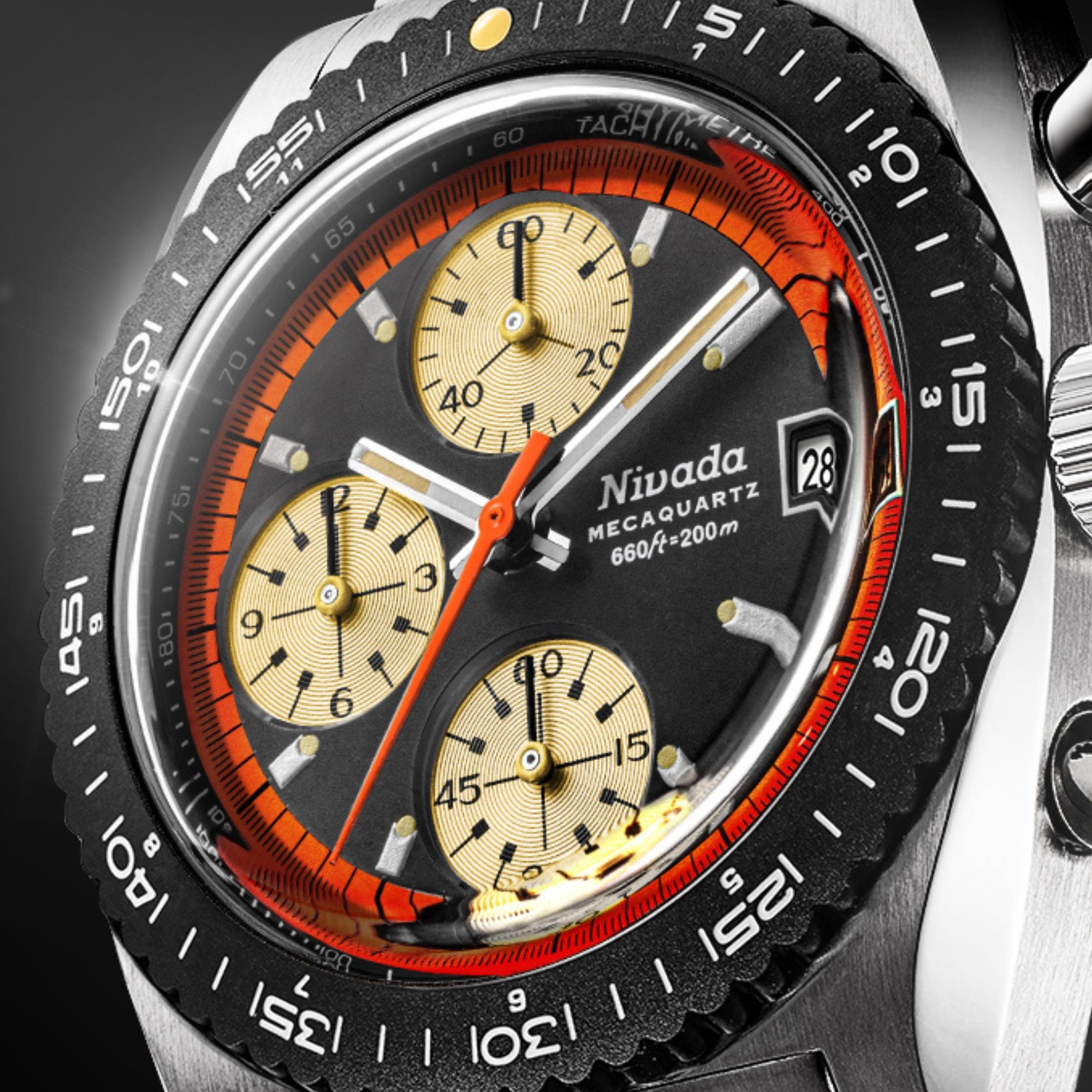 Men's chronograph wristwatch with orange bezel, black dial, tan subdials, leather strap