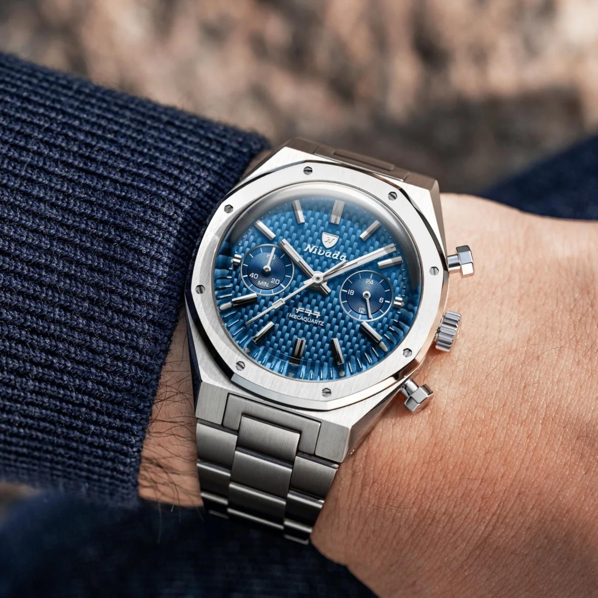 Nivada Grenchen F77 MK2 38mm Chronograph Blue Dial Steel Mens Quartz Watch 68000Q77
