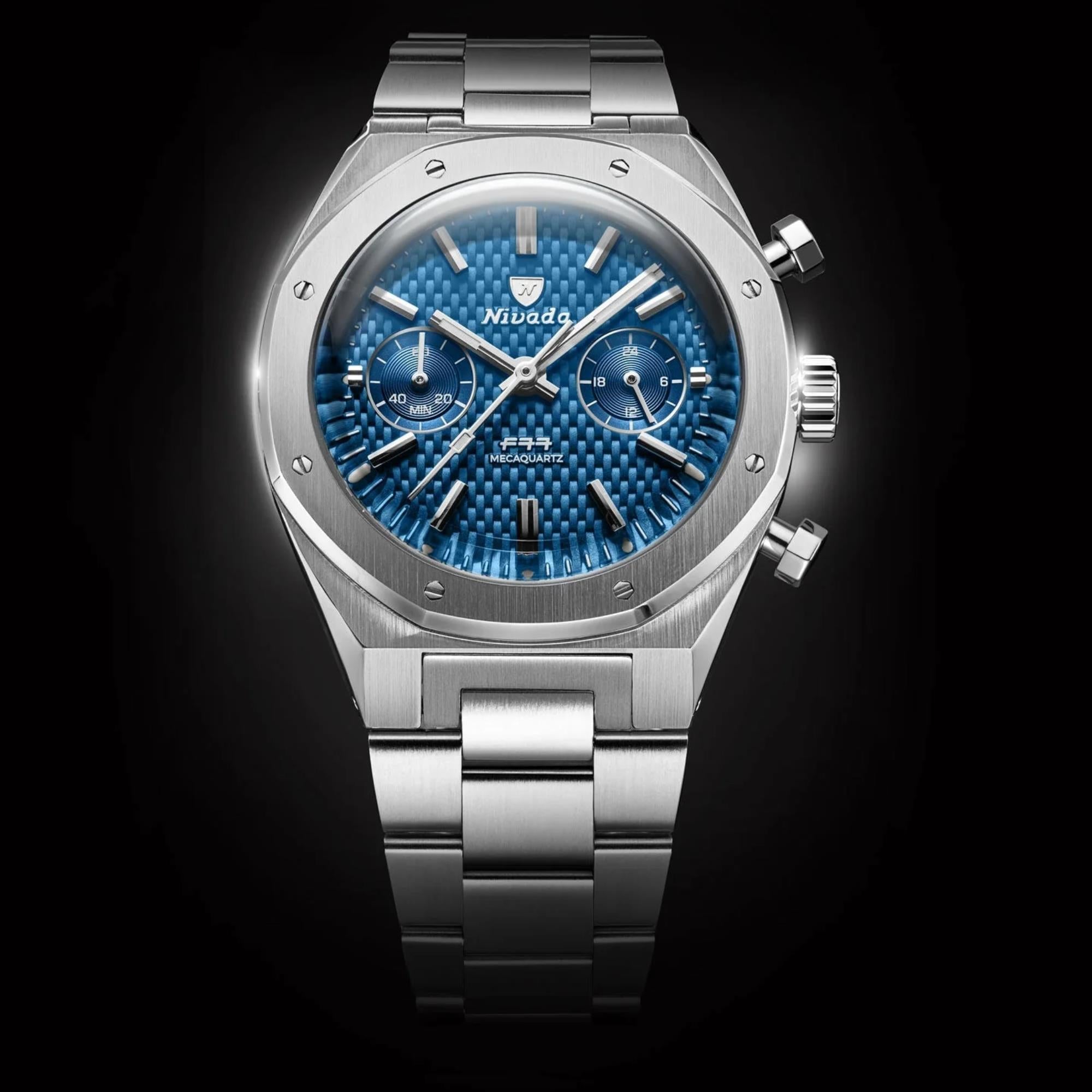Nivada Grenchen F77 MK2 38mm Chronograph Blue Dial Steel Mens Quartz Watch 68000Q77
