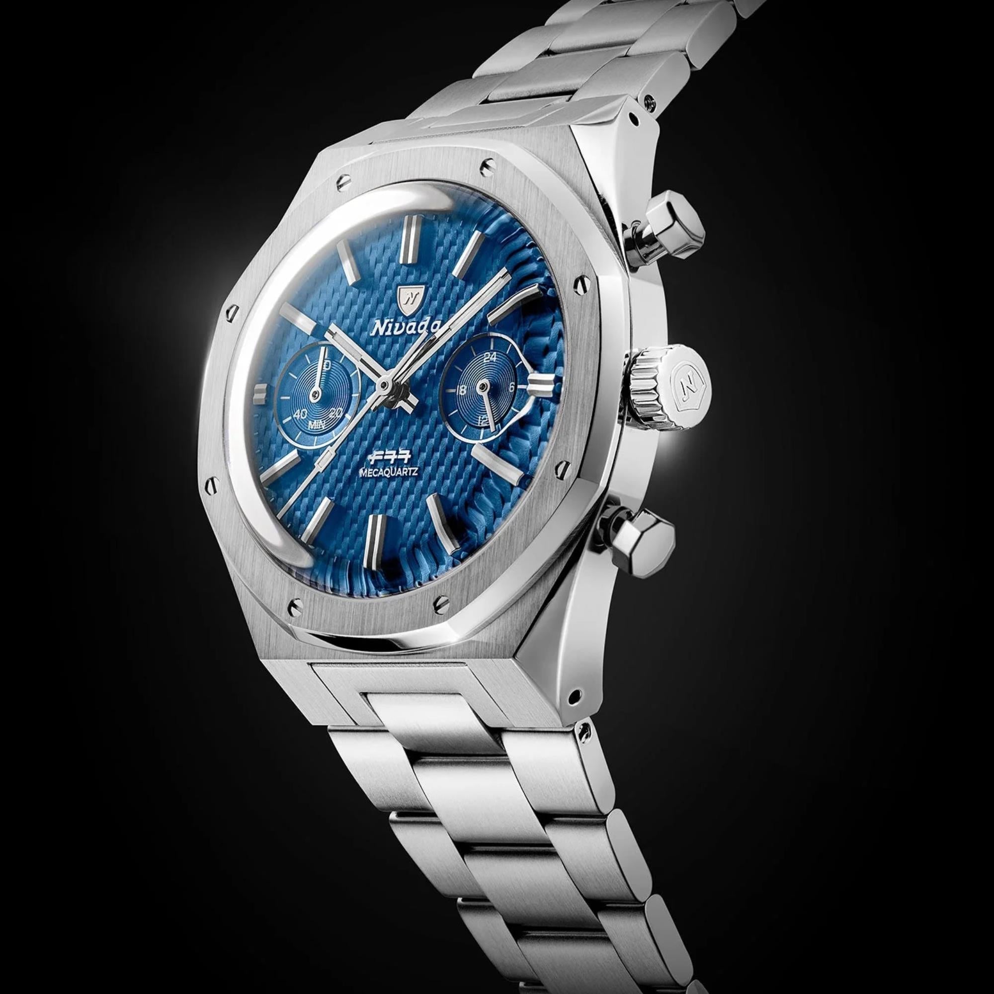 Nivada Grenchen F77 MK2 38mm Chronograph Blue Dial Steel Mens Quartz Watch 68000Q77
