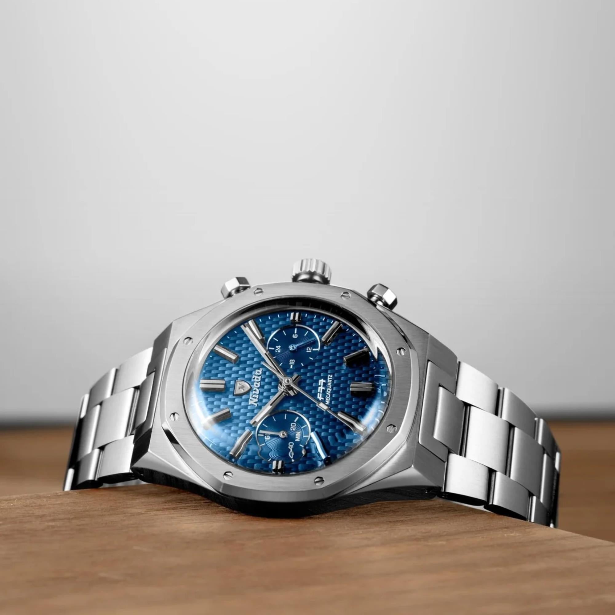 Nivada Grenchen F77 MK2 38mm Chronograph Blue Dial Steel Mens Quartz W