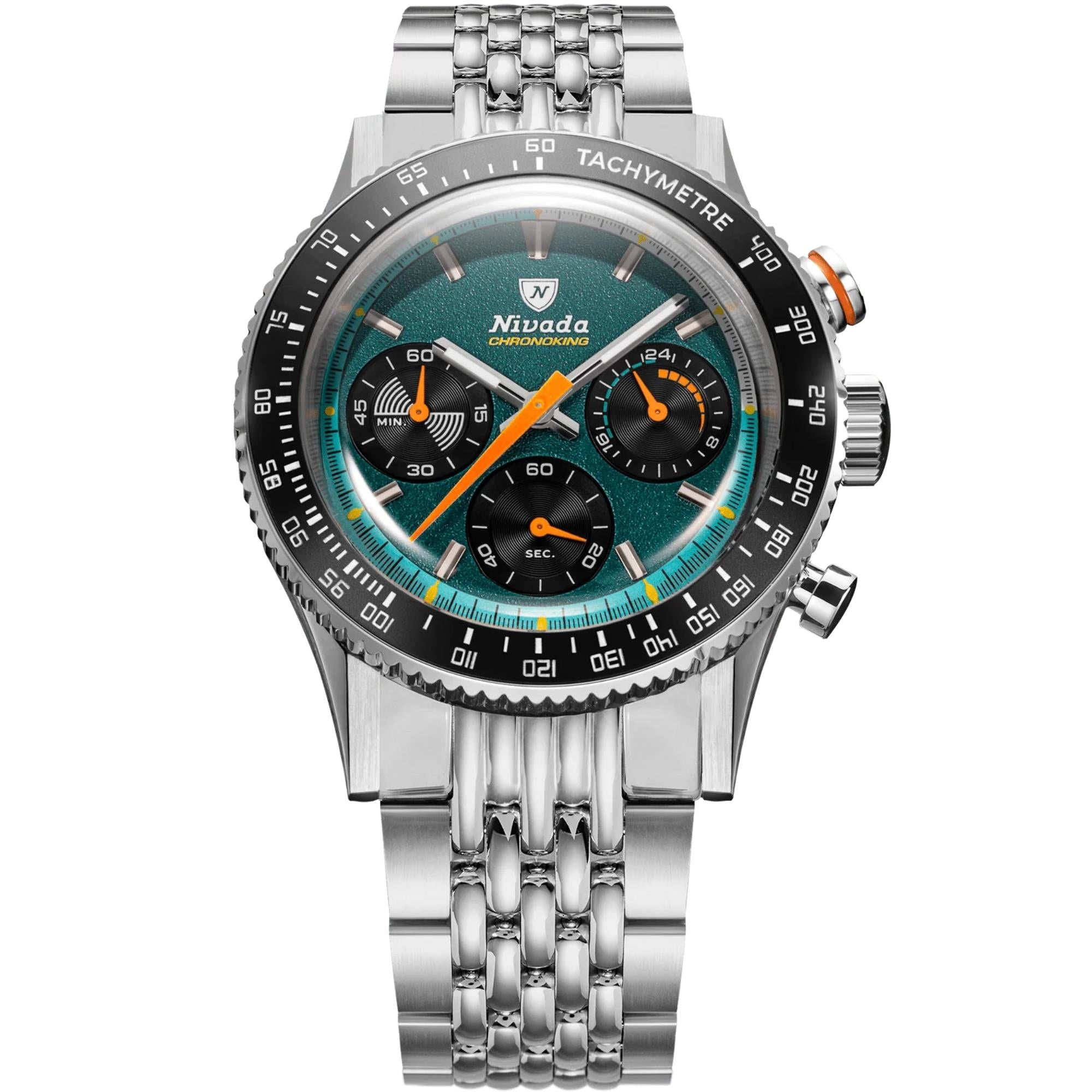 Nivada Grenchen Chronoking Mecaquartz 38mm Chronograph Green Dial Stee