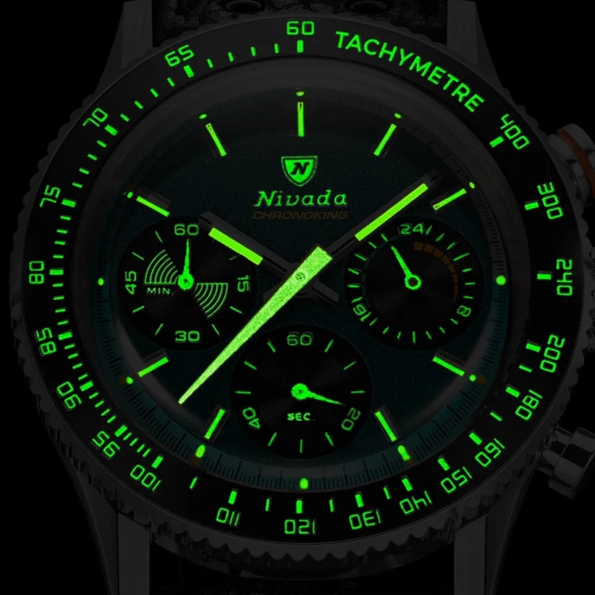 Nivada Grenchen Chronoking Mecaquartz 38mm Chronograph Green Dial Stee