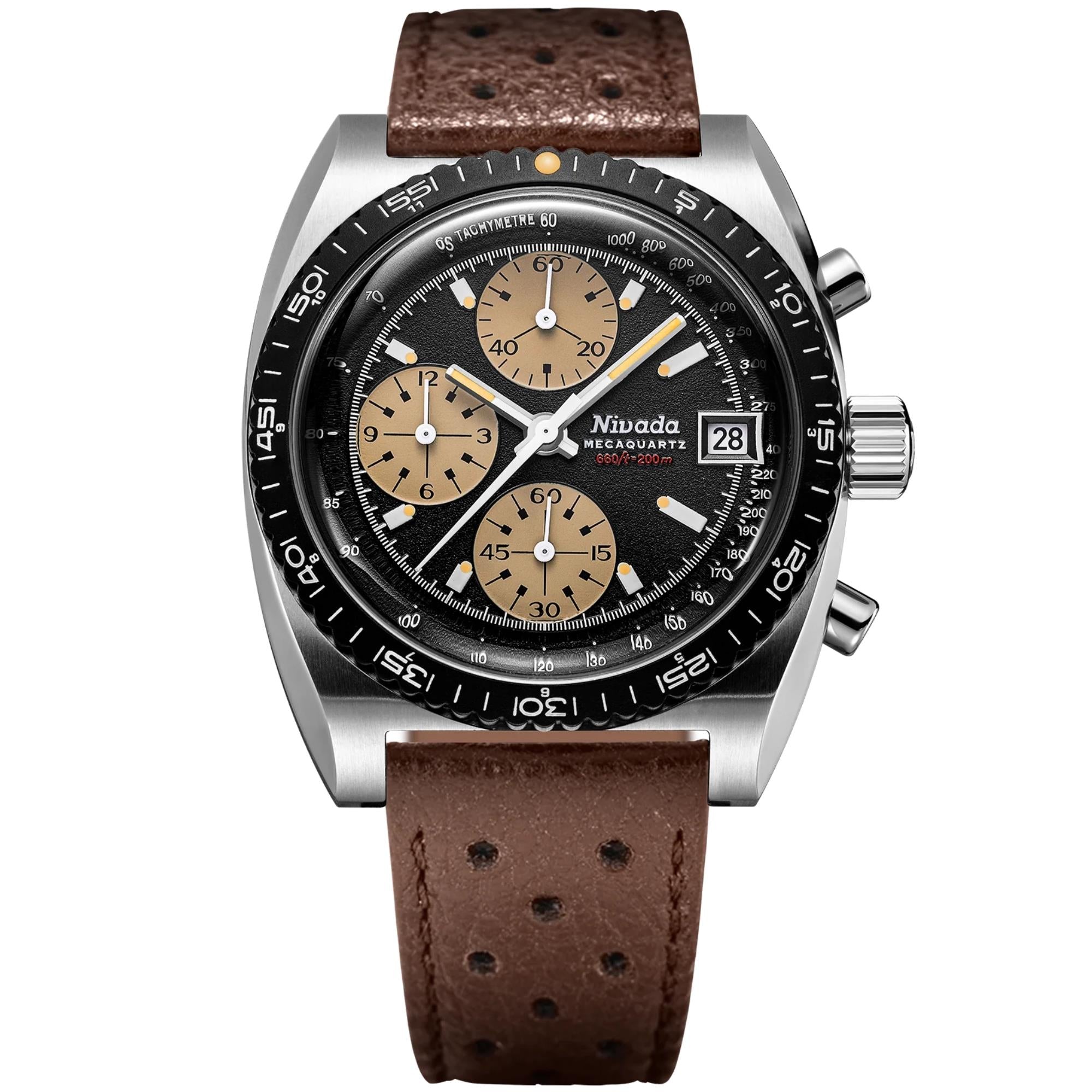 Nivada Grenchen Autochron Mecaquartz 38mm Black Dial Leather Mens Quartz Watch 77001Q23