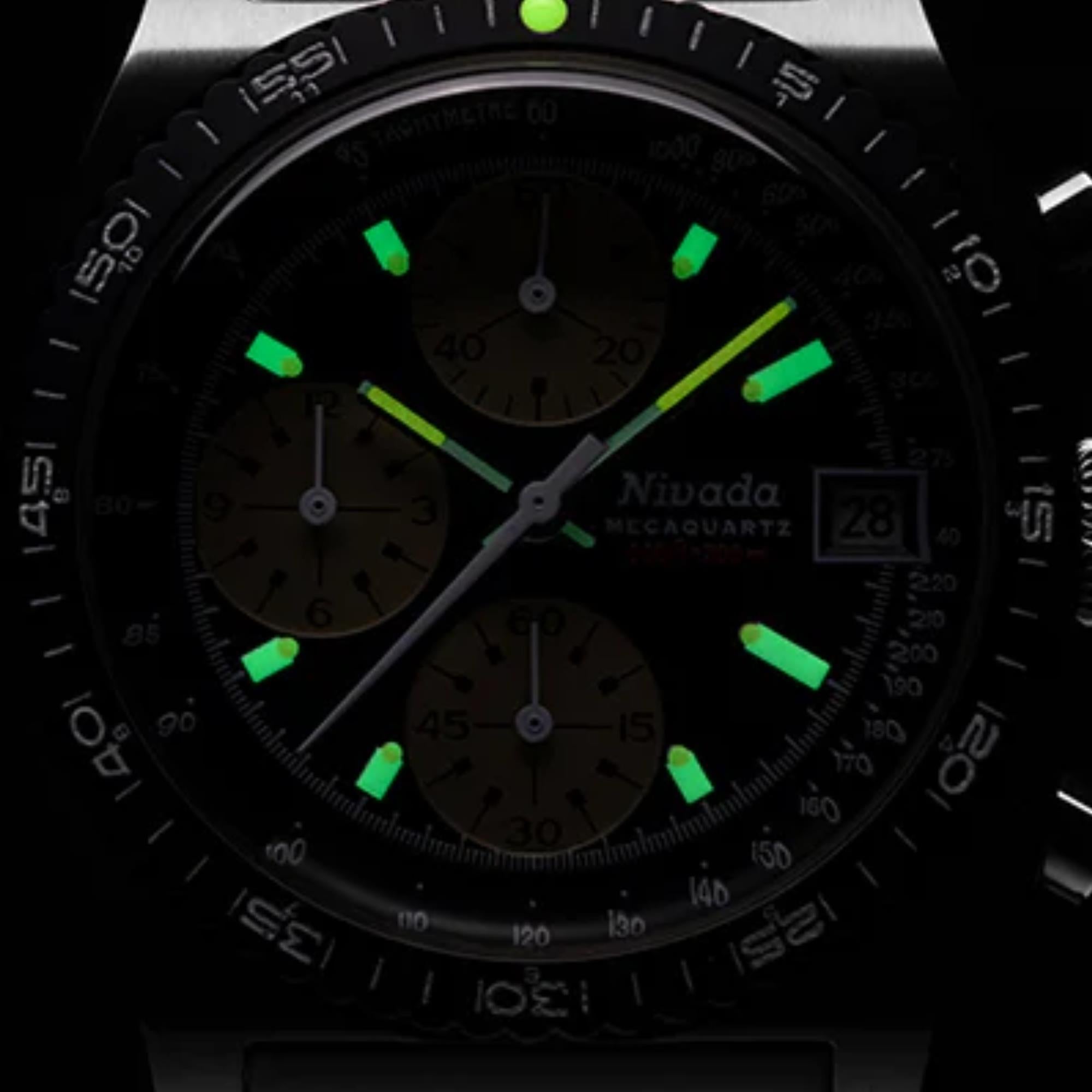 Nivada Grenchen Autochron Mecaquartz 38mm Black Dial Leather Mens Quartz Watch 77001Q23