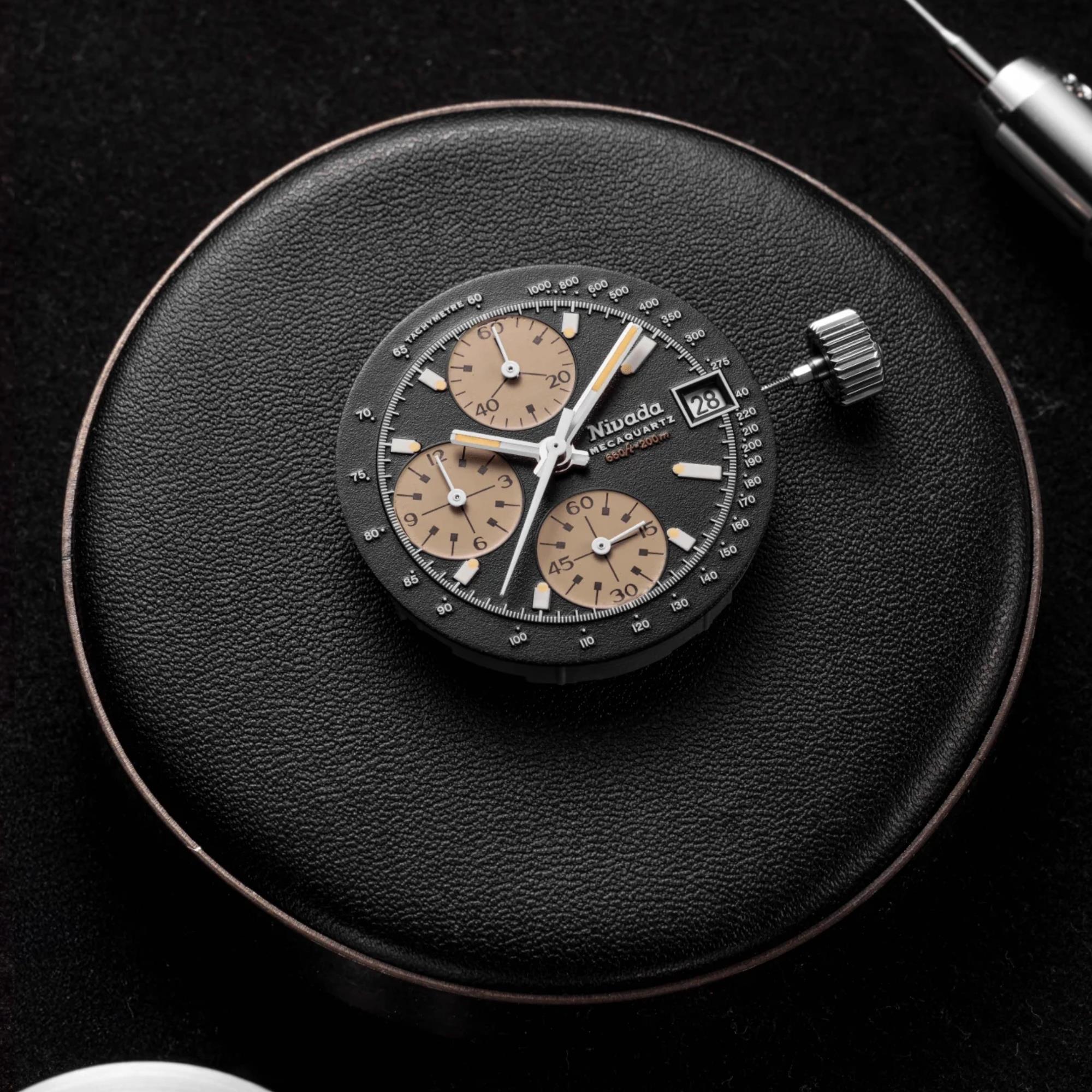 Nivada Grenchen Autochron Mecaquartz 38mm Black Dial Leather Mens Quartz Watch 77001Q23