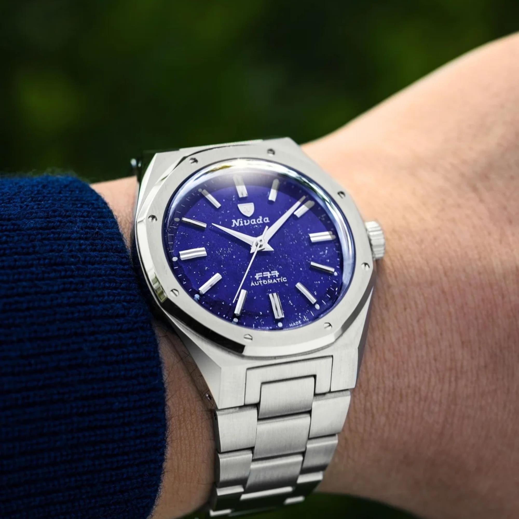 Nivada Grenchen F77 MK2 38mm Blue Dial Steel Mens Automatic Watch 68048A77