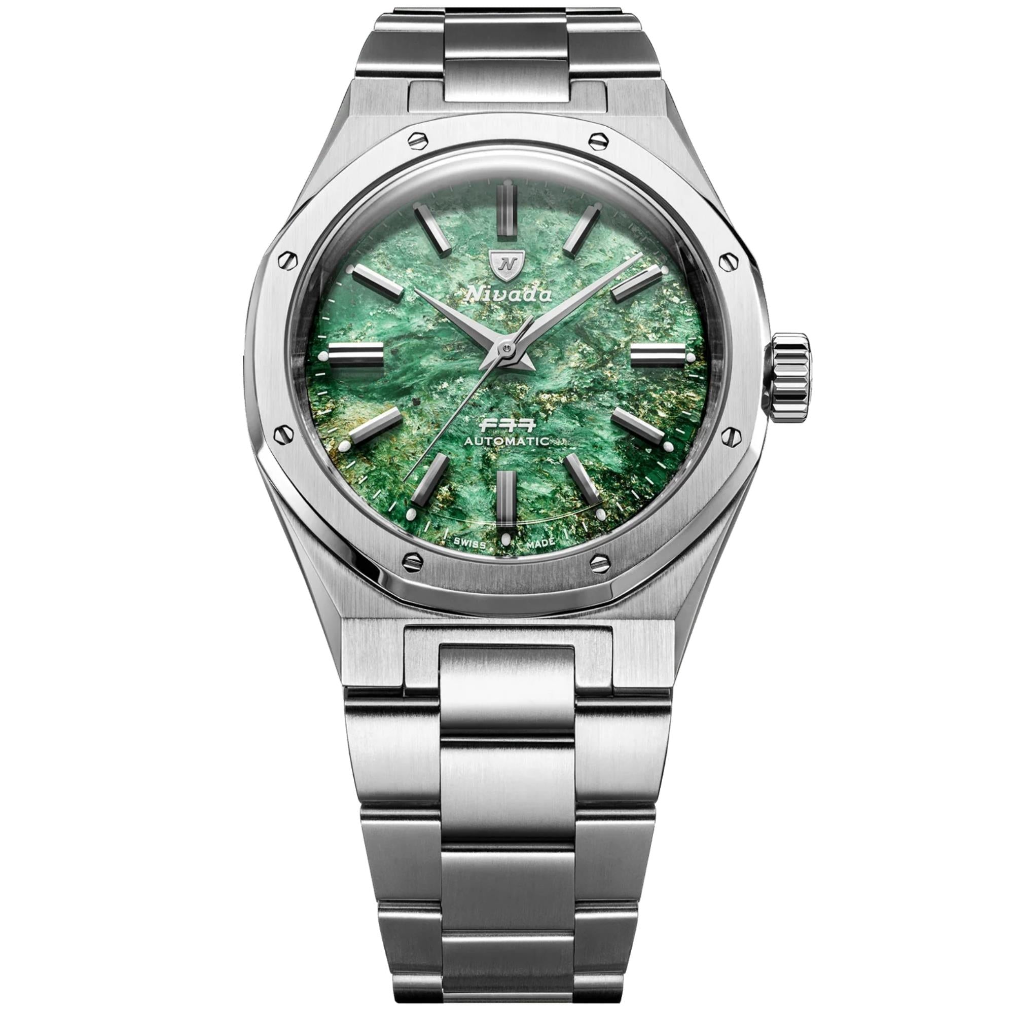 Nivada Grenchen F77 MK2 38mm Green Dial Steel Mens Automatic Watch 68053A77