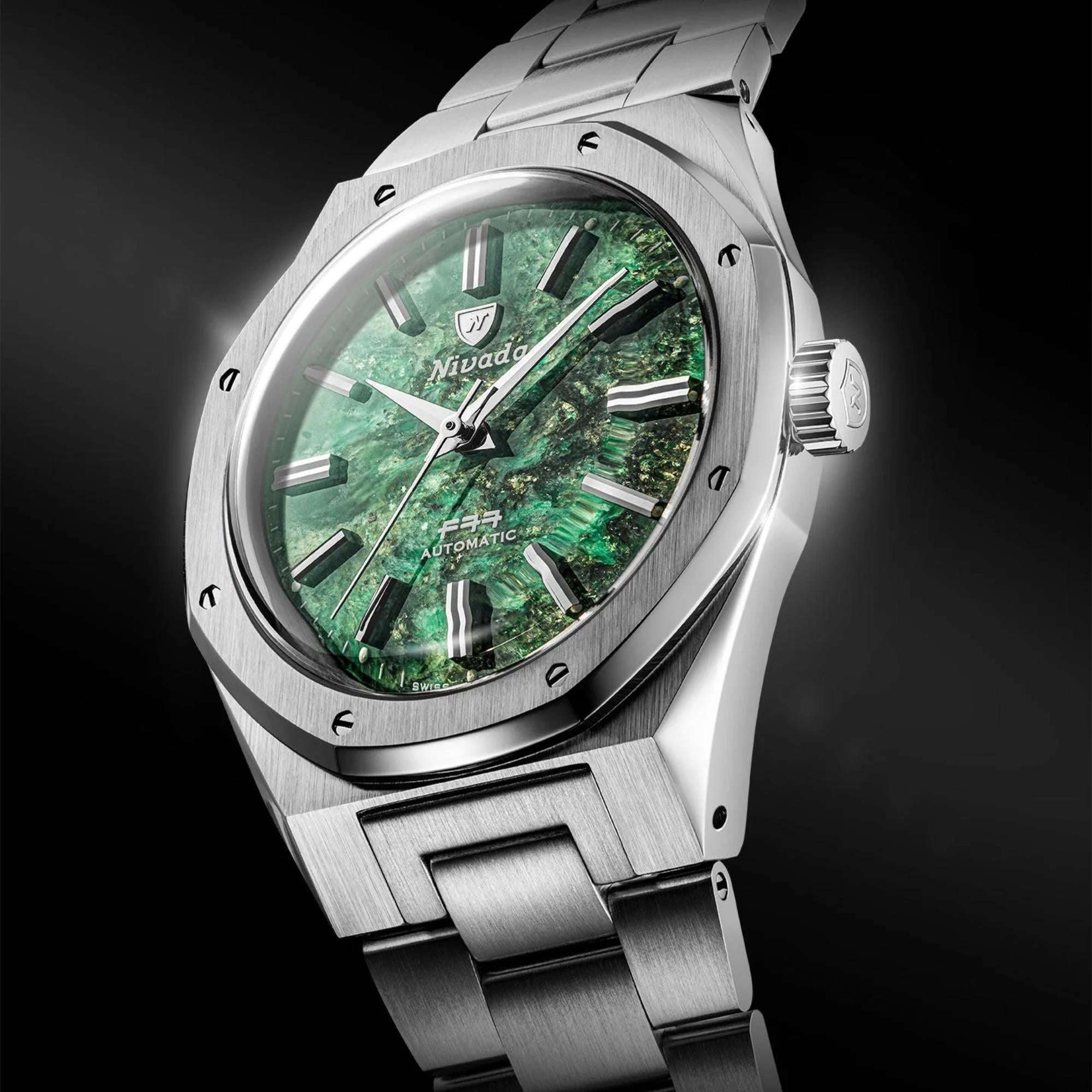 Nivada Grenchen F77 MK2 38mm Green Dial Steel Mens Automatic Watch 68053A77
