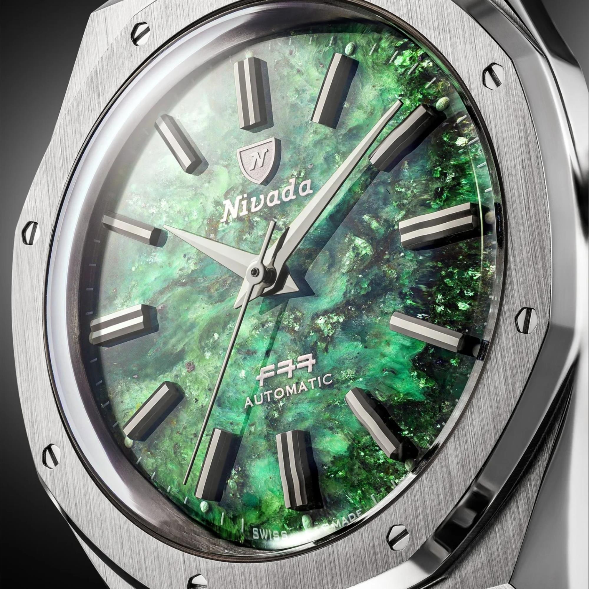 Nivada Grenchen F77 MK2 38mm Green Dial Steel Mens Automatic Watch 68053A77
