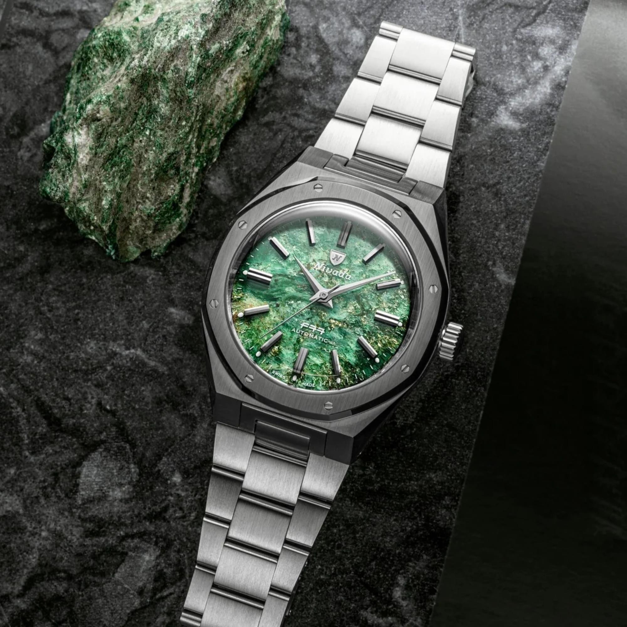 Nivada Grenchen F77 MK2 38mm Green Dial Steel Mens Automatic Watch 68053A77