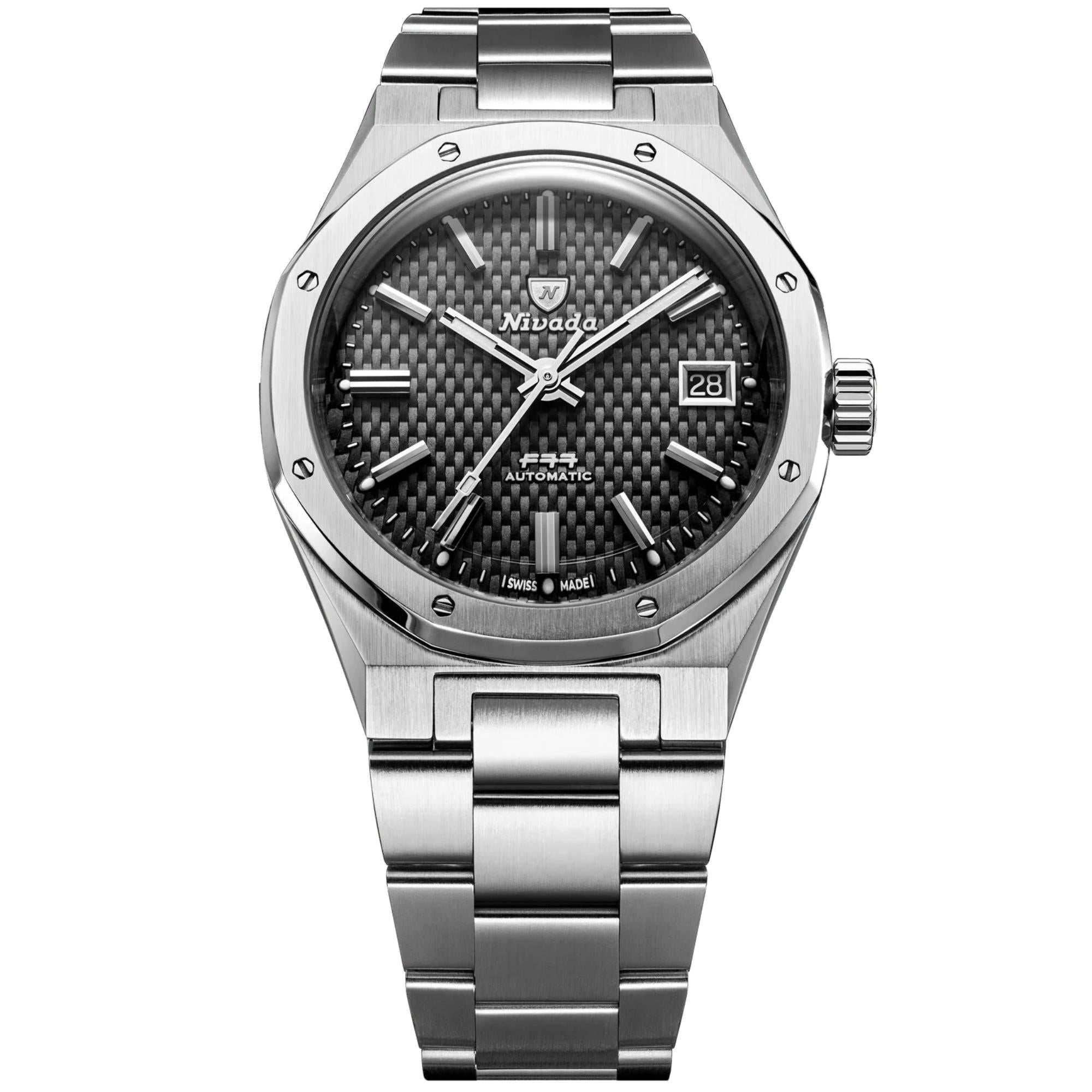 Nivada Grenchen F77 MK2 38mm Beige Lume Black Dial Steel Mens Automatic Watch 69010A77