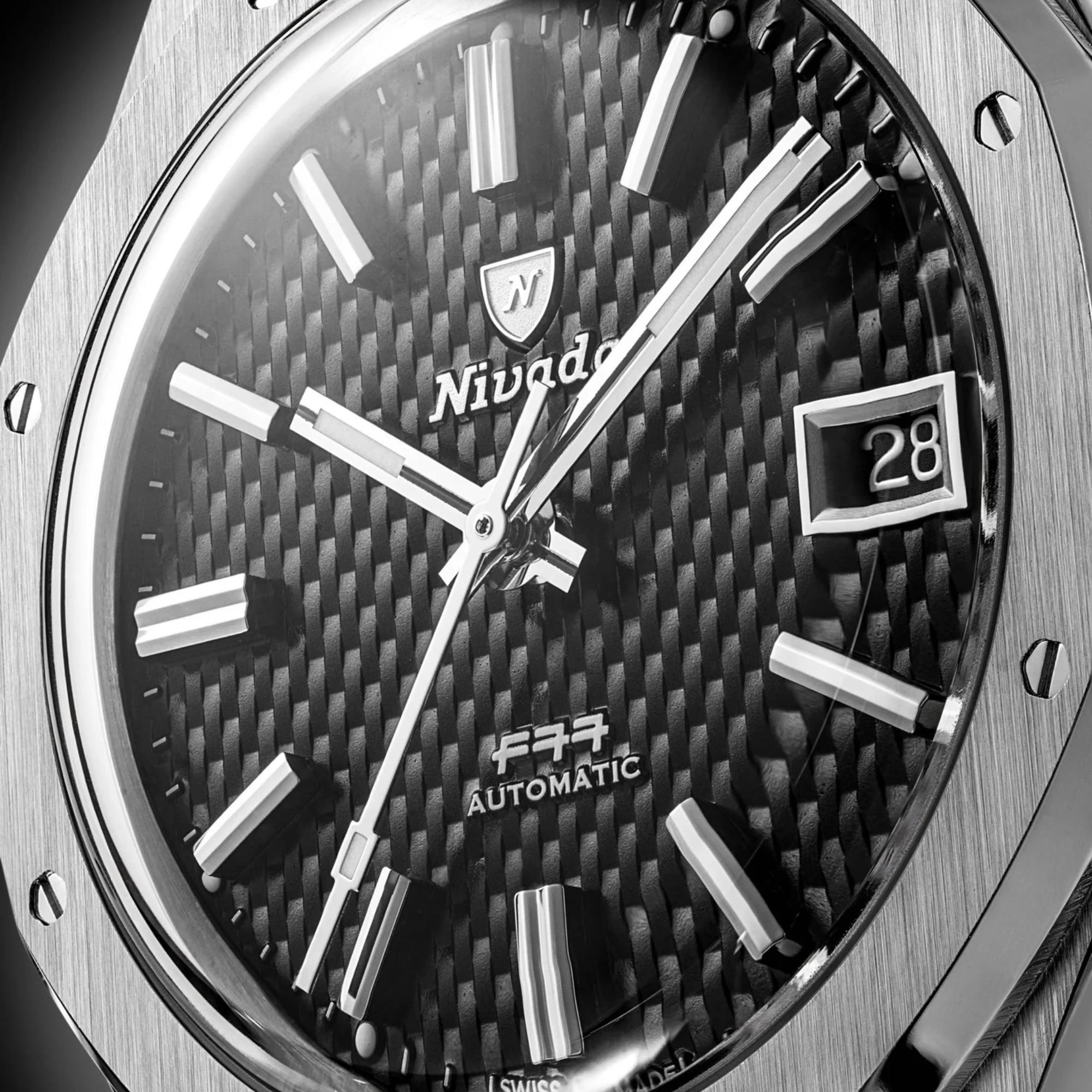 Nivada Grenchen F77 MK2 38mm Beige Lume Black Dial Steel Mens Automatic Watch 69010A77
