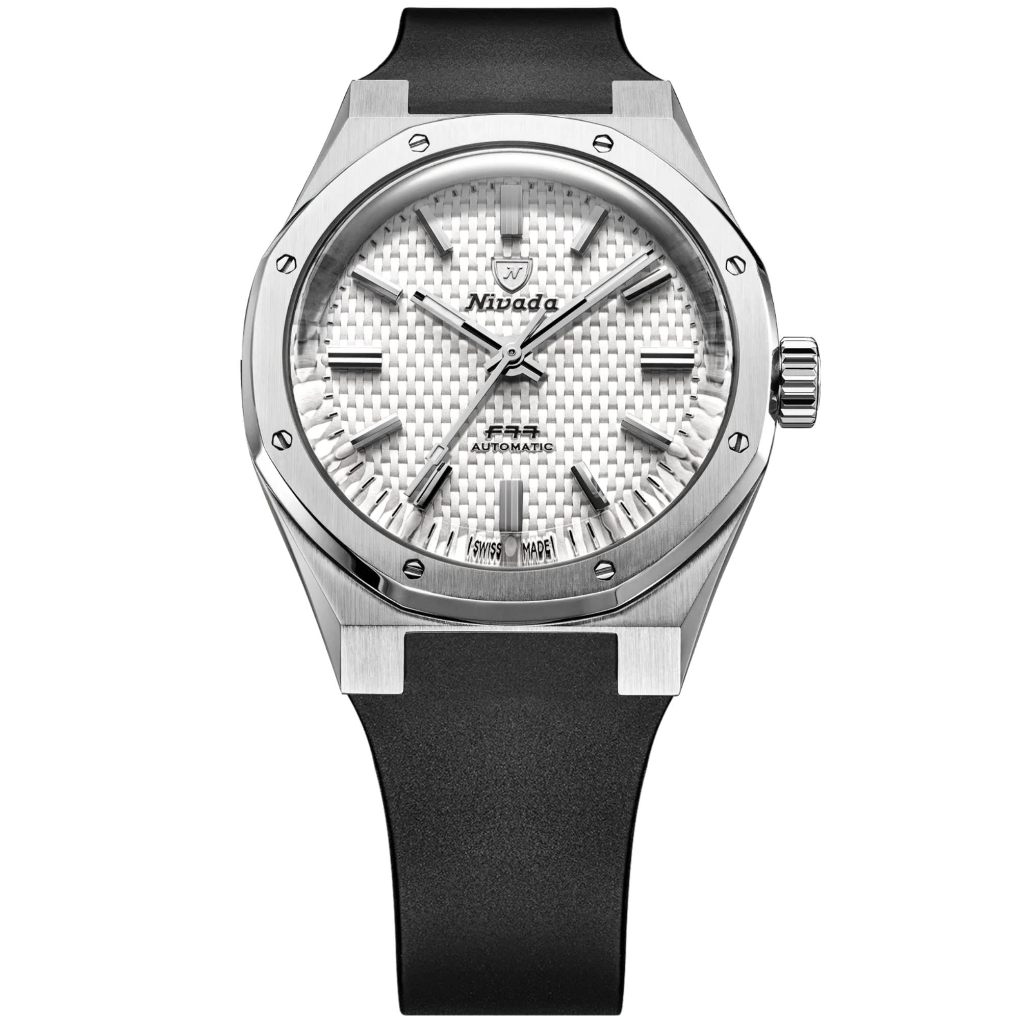 Nivada Grenchen F77 MK2 38mm White Dial Rubber Mens Automatic Watch 68046A77-DR