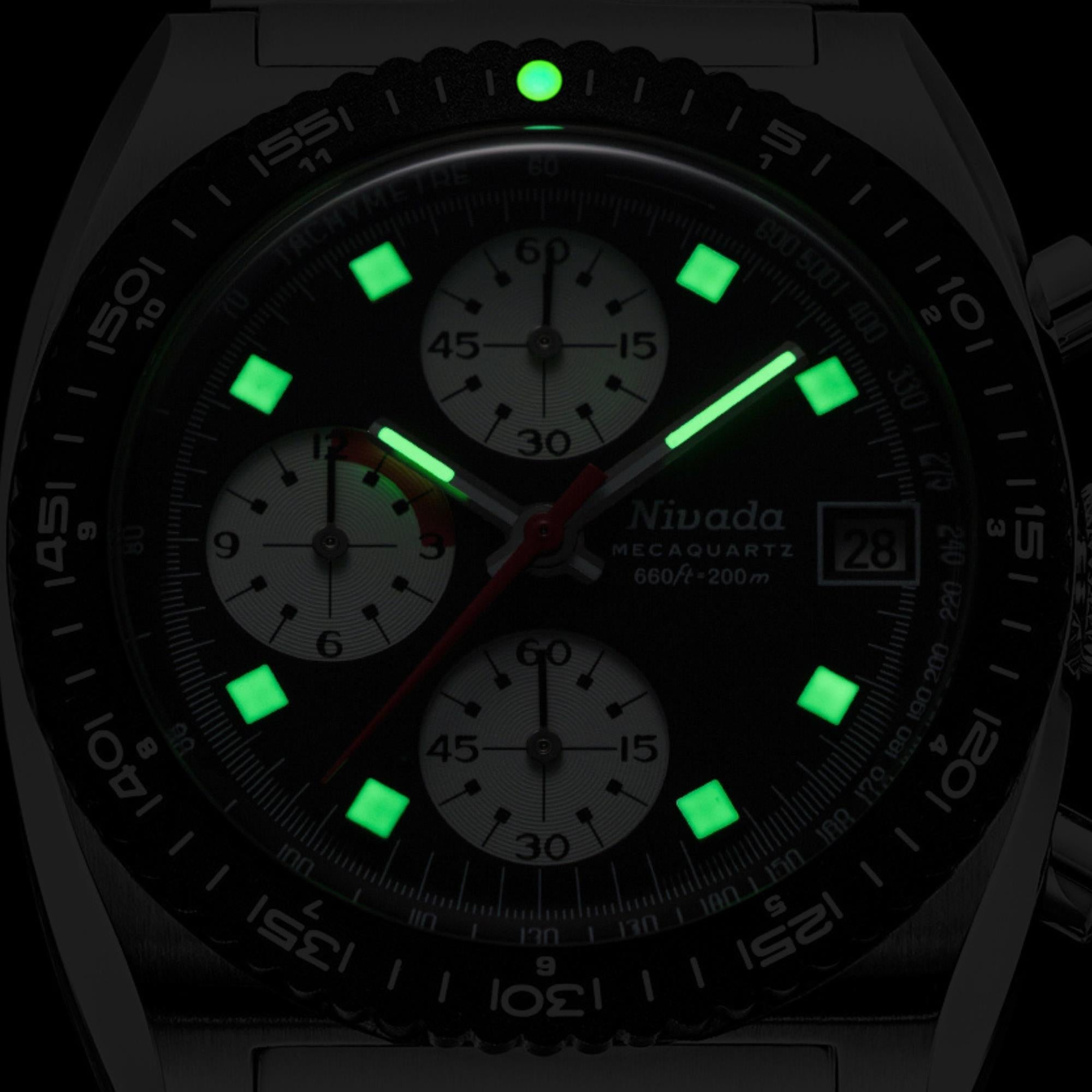Nivada Grenchen Autochron Mecaquartz 38mm Reverse Panda Black Dial Leather Mens Quartz Watch 77007Q10