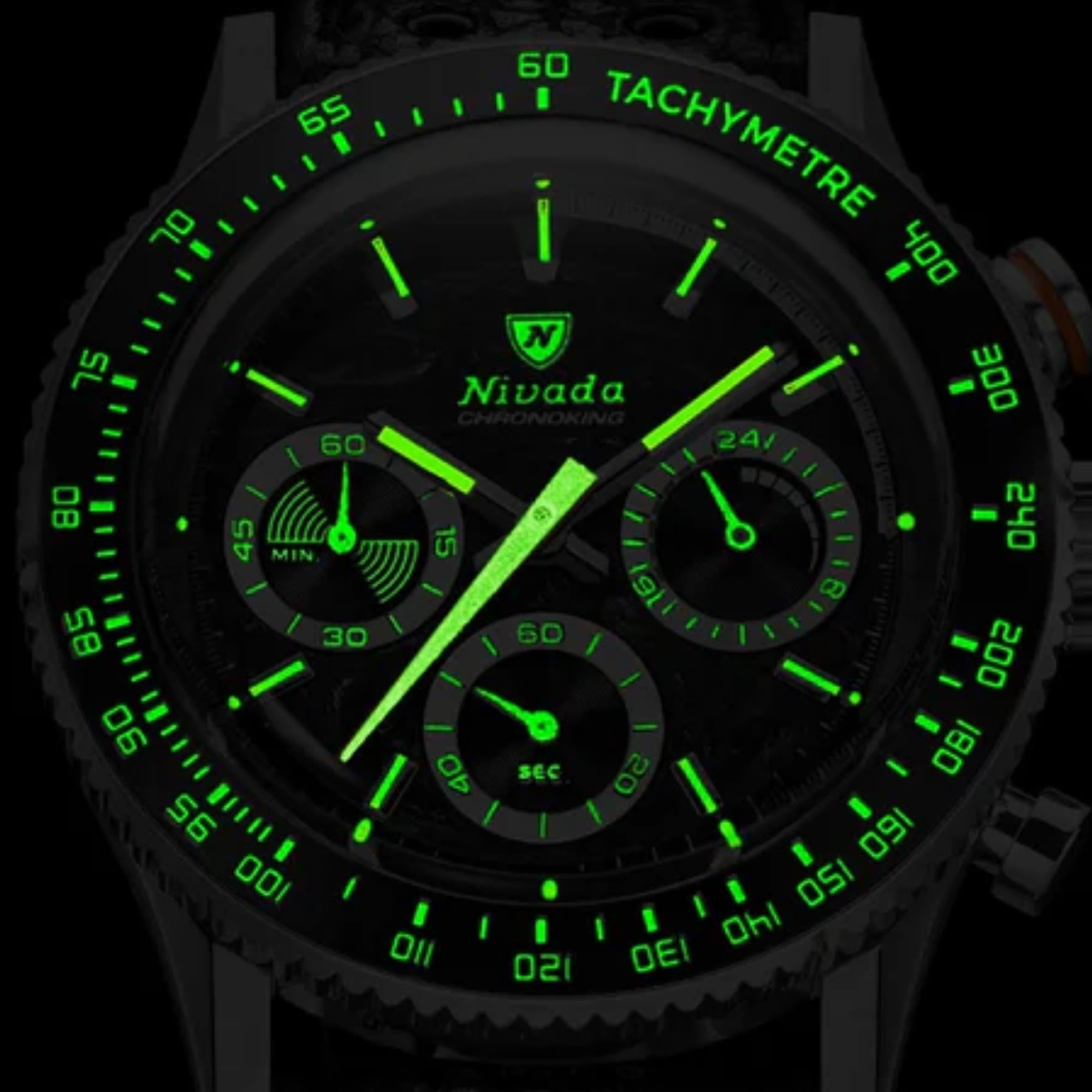 Nivada Grenchen Chronoking Mecaquartz Racing 38mm Chronograph Black Dial Leather Mens Quartz Watch 87048Q15