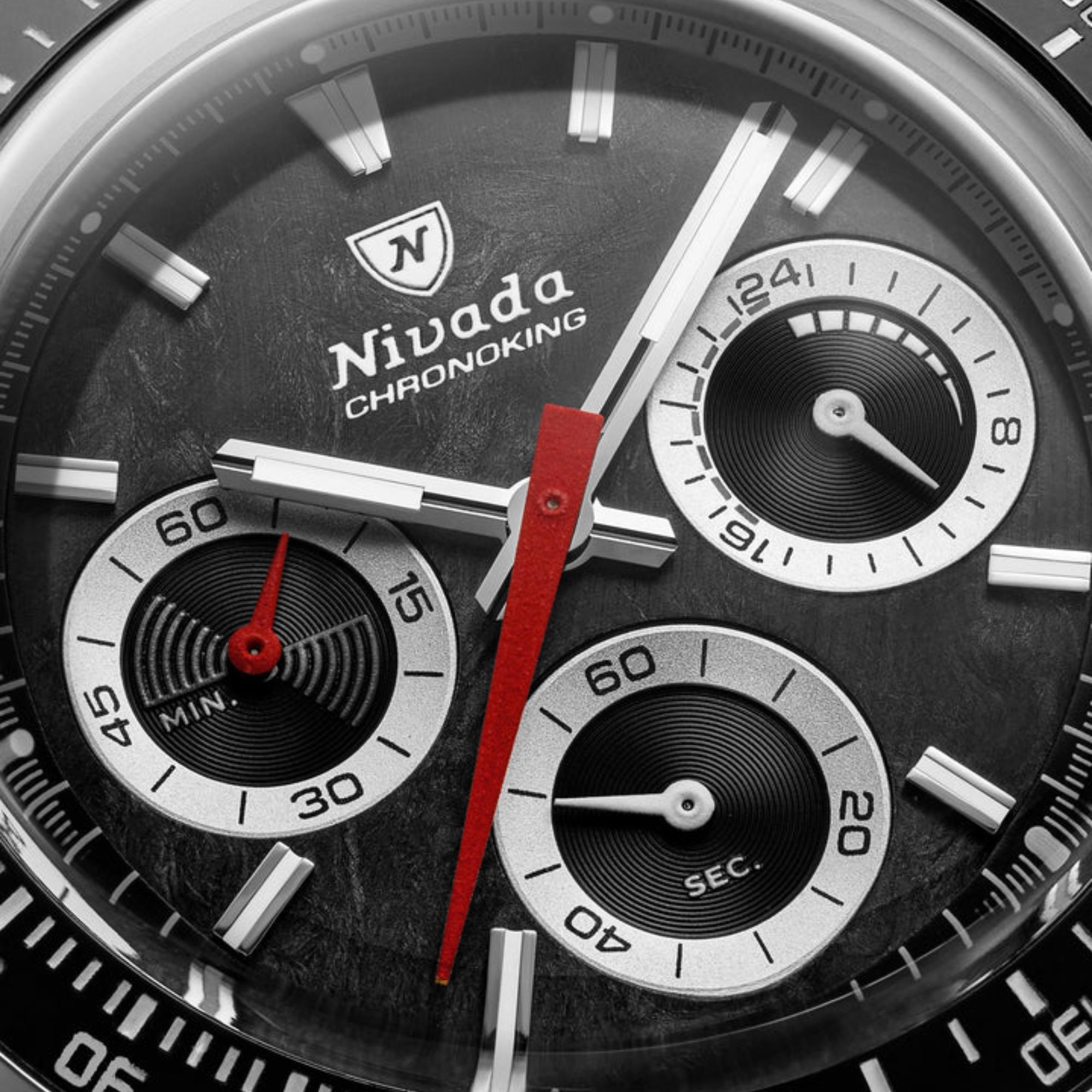 Nivada Grenchen Chronoking Mecaquartz Racing 38mm Chronograph Black Dial Leather Mens Quartz Watch 87048Q15