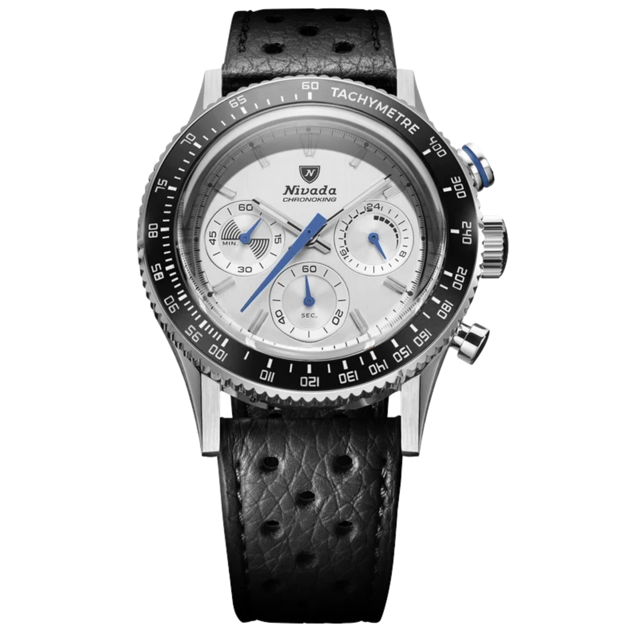 Nivada Grenchen Chronoking Mecaquartz Racing 38m Chronograph Silver Dial Leather Mens Quartz Watch 87046Q10