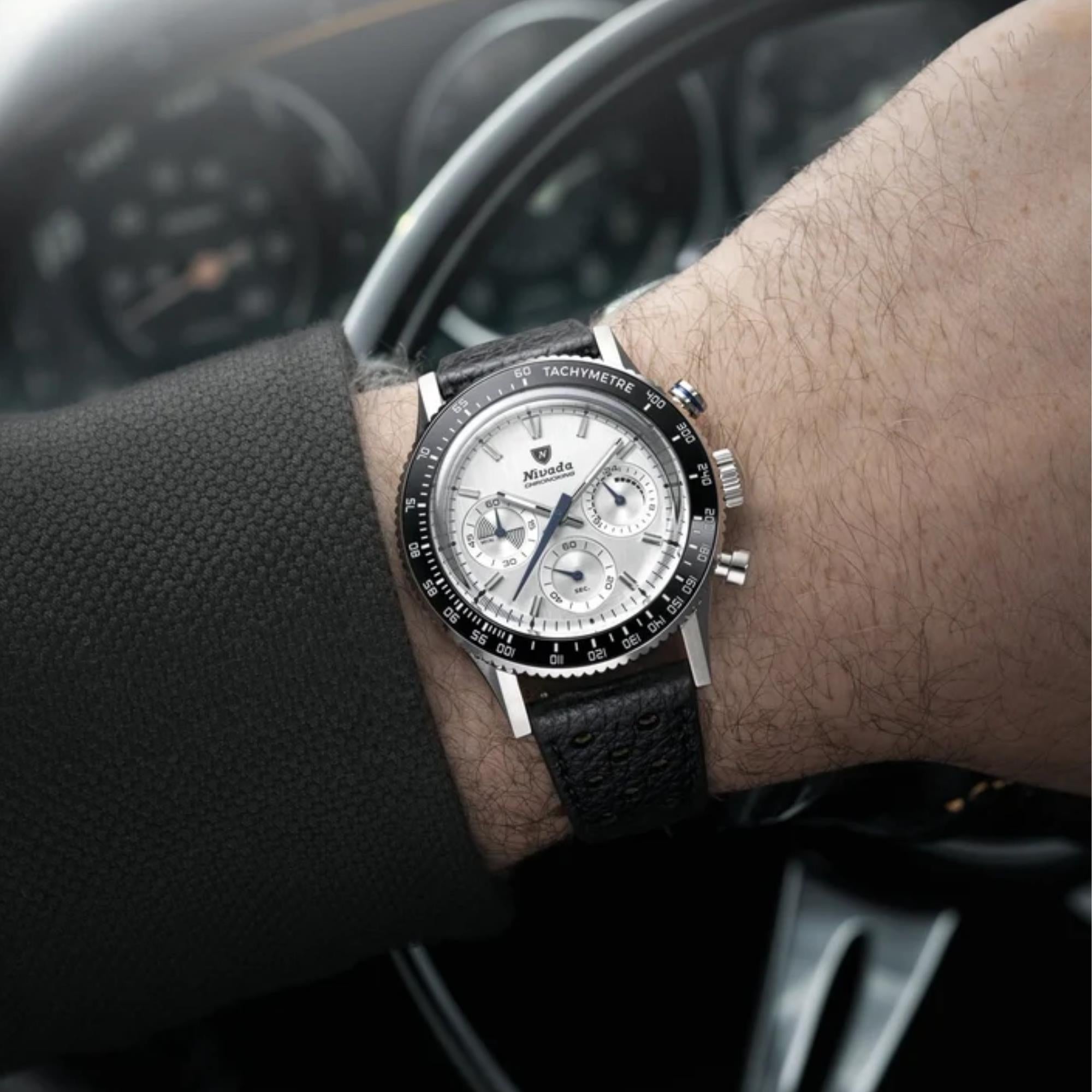 Nivada Grenchen Chronoking Mecaquartz Racing 38m Chronograph Silver Dial Leather Mens Quartz Watch 87046Q10
