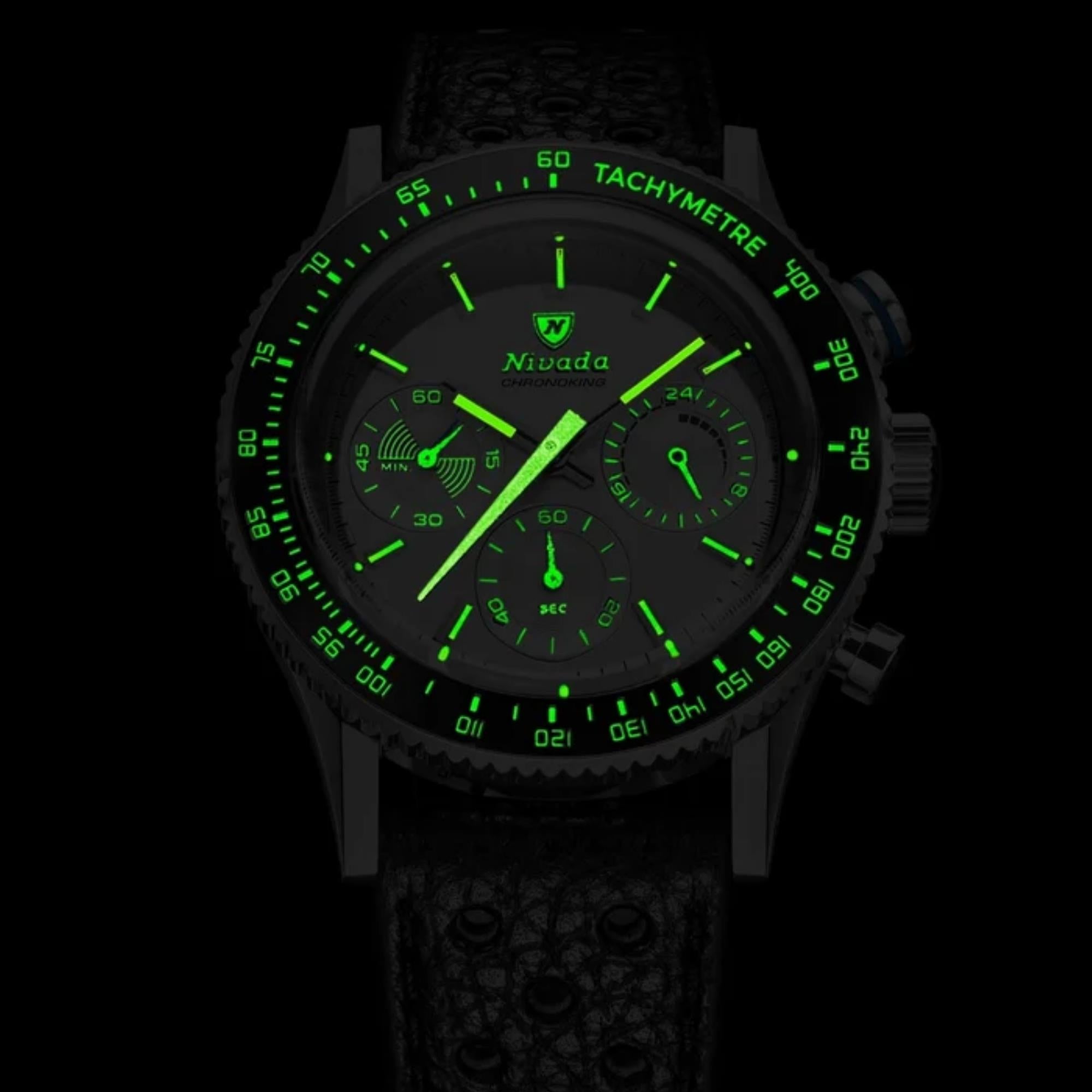 Nivada Grenchen Chronoking Mecaquartz Racing 38m Chronograph Silver Dial Leather Mens Quartz Watch 87046Q10