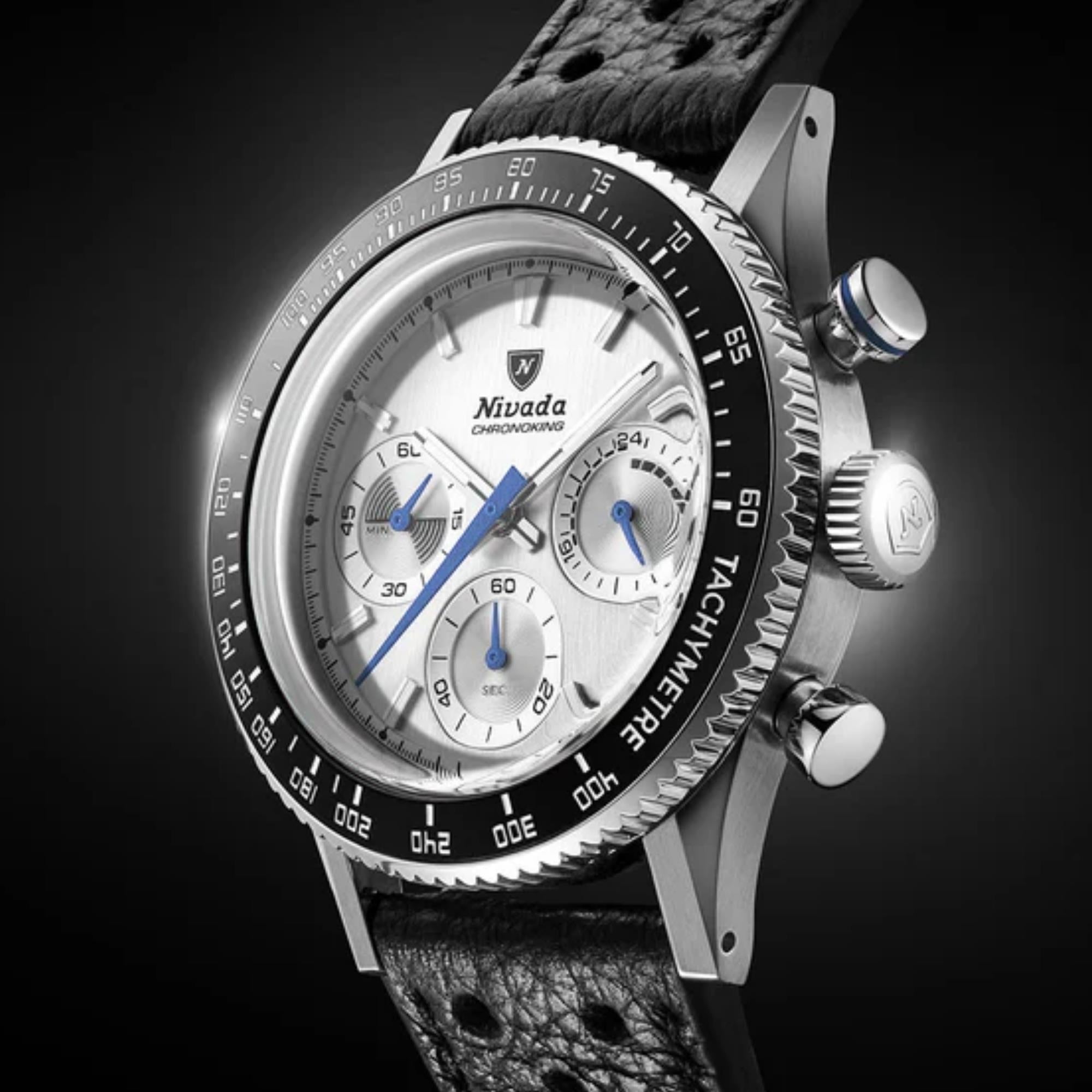 Nivada Grenchen Chronoking Mecaquartz Racing 38m Chronograph Silver Dial Leather Mens Quartz Watch 87046Q10