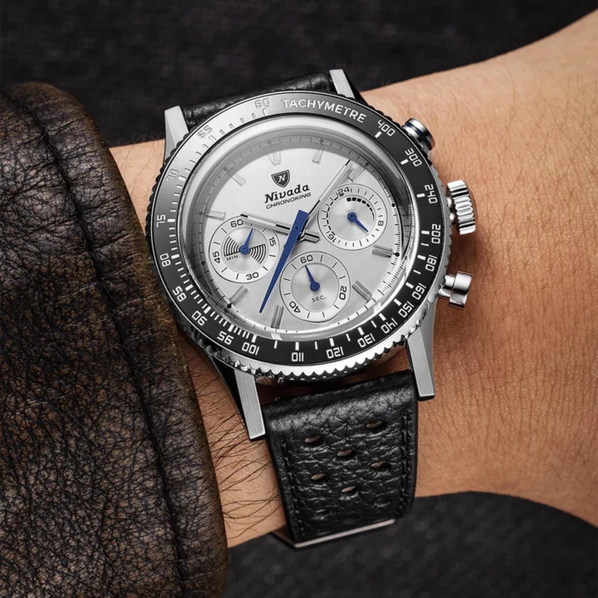 Nivada Grenchen Chronoking Mecaquartz Racing 38m Chronograph Silver Dial Leather Mens Quartz Watch 87046Q10