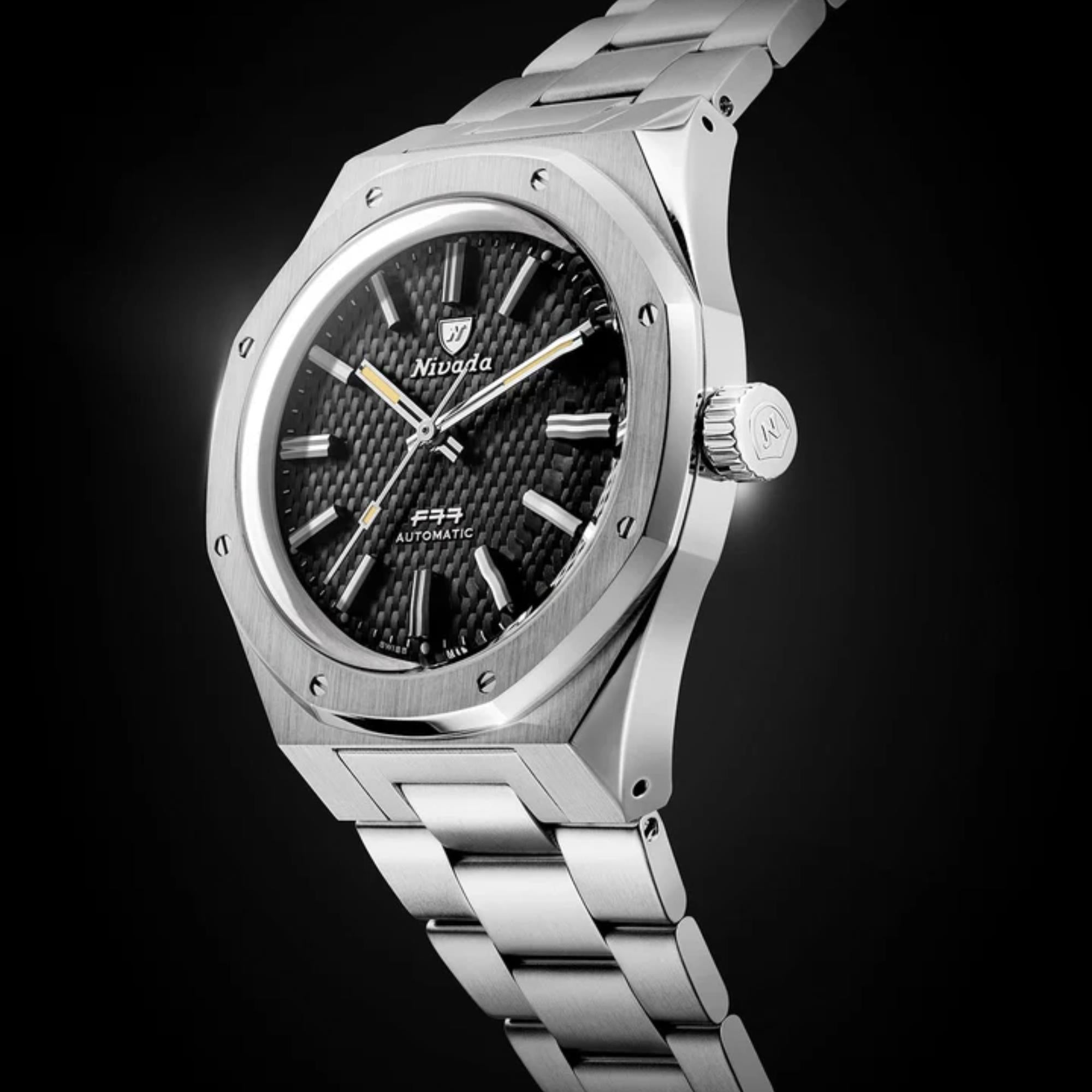 Nivada Grenchen F77 MK2 41mm Black Dial Steel Mens Automatic Watch 68041A77A