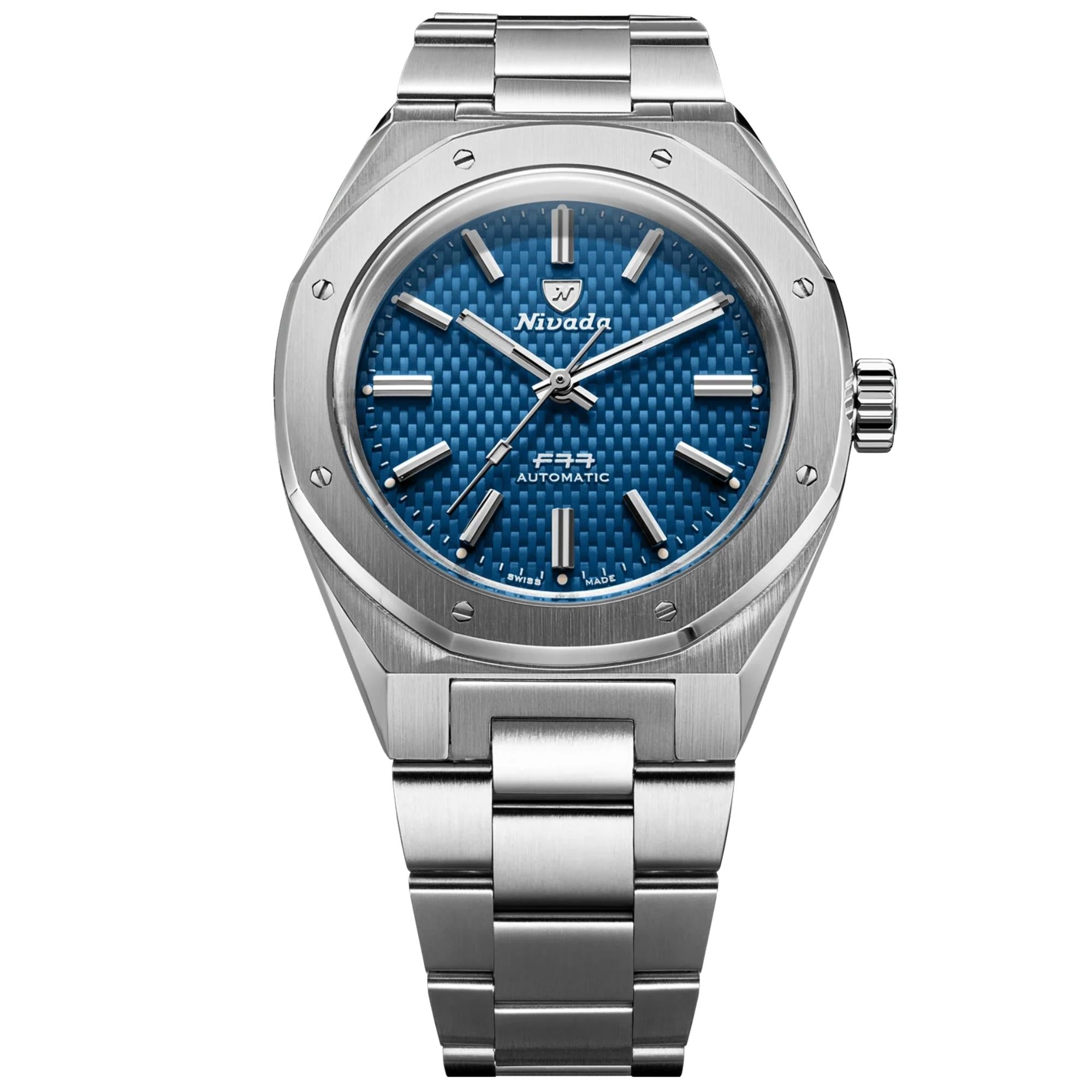 Nivada Grenchen F77 MK2 41mm Blue Dial Steel Mens Automatic Watch 68041A77B