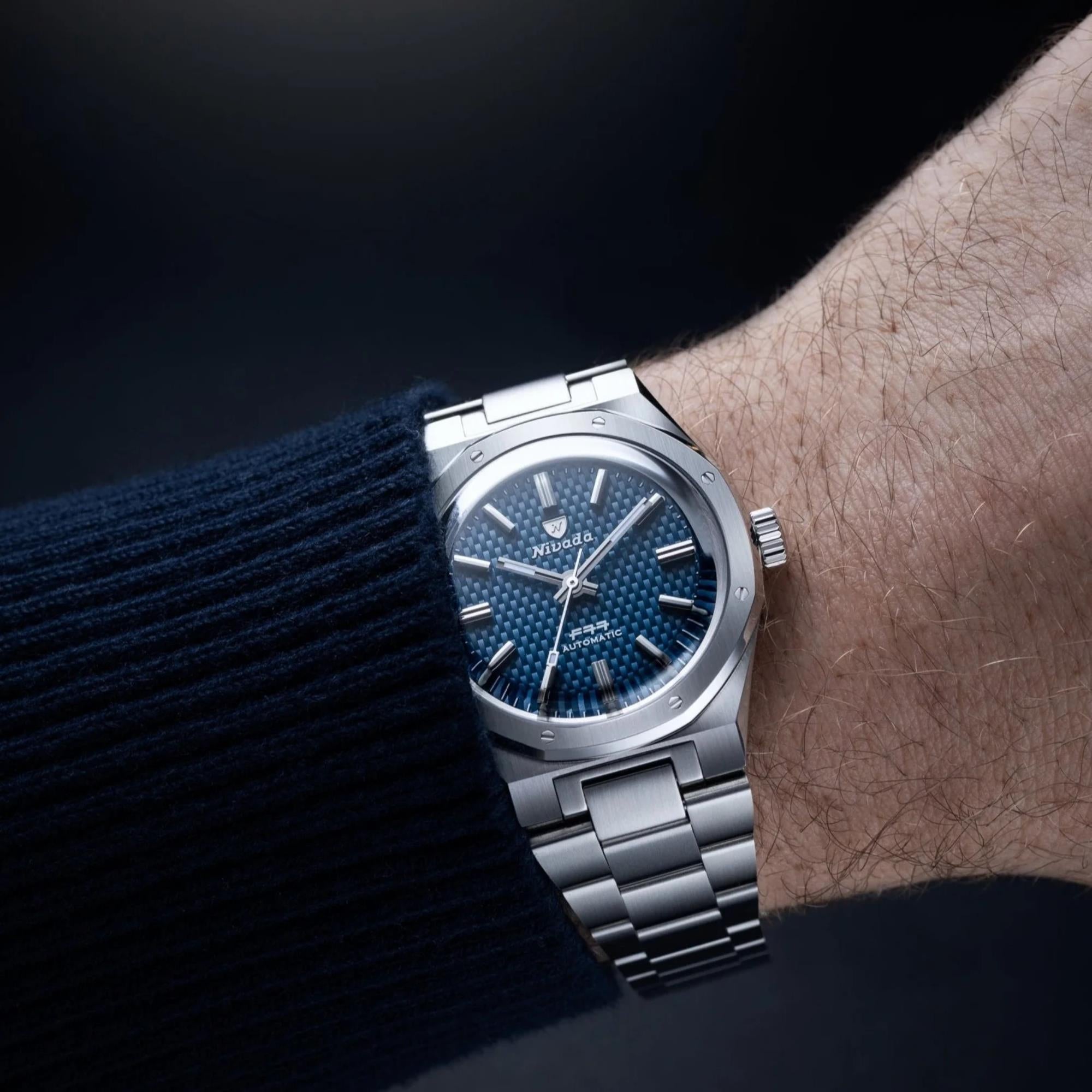 Nivada Grenchen F77 MK2 41mm Blue Dial Steel Mens Automatic Watch 68041A77B