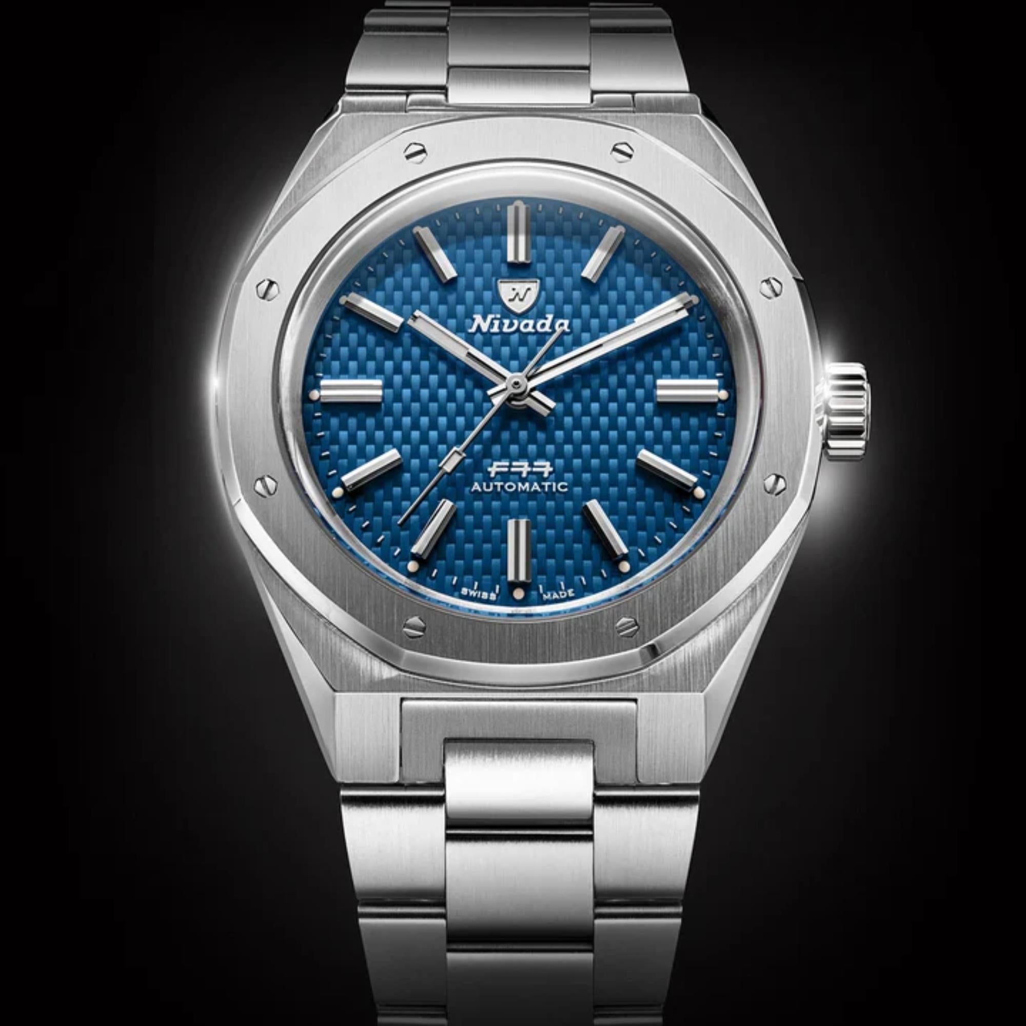 Nivada Grenchen F77 MK2 41mm Blue Dial Steel Mens Automatic Watch 68041A77B