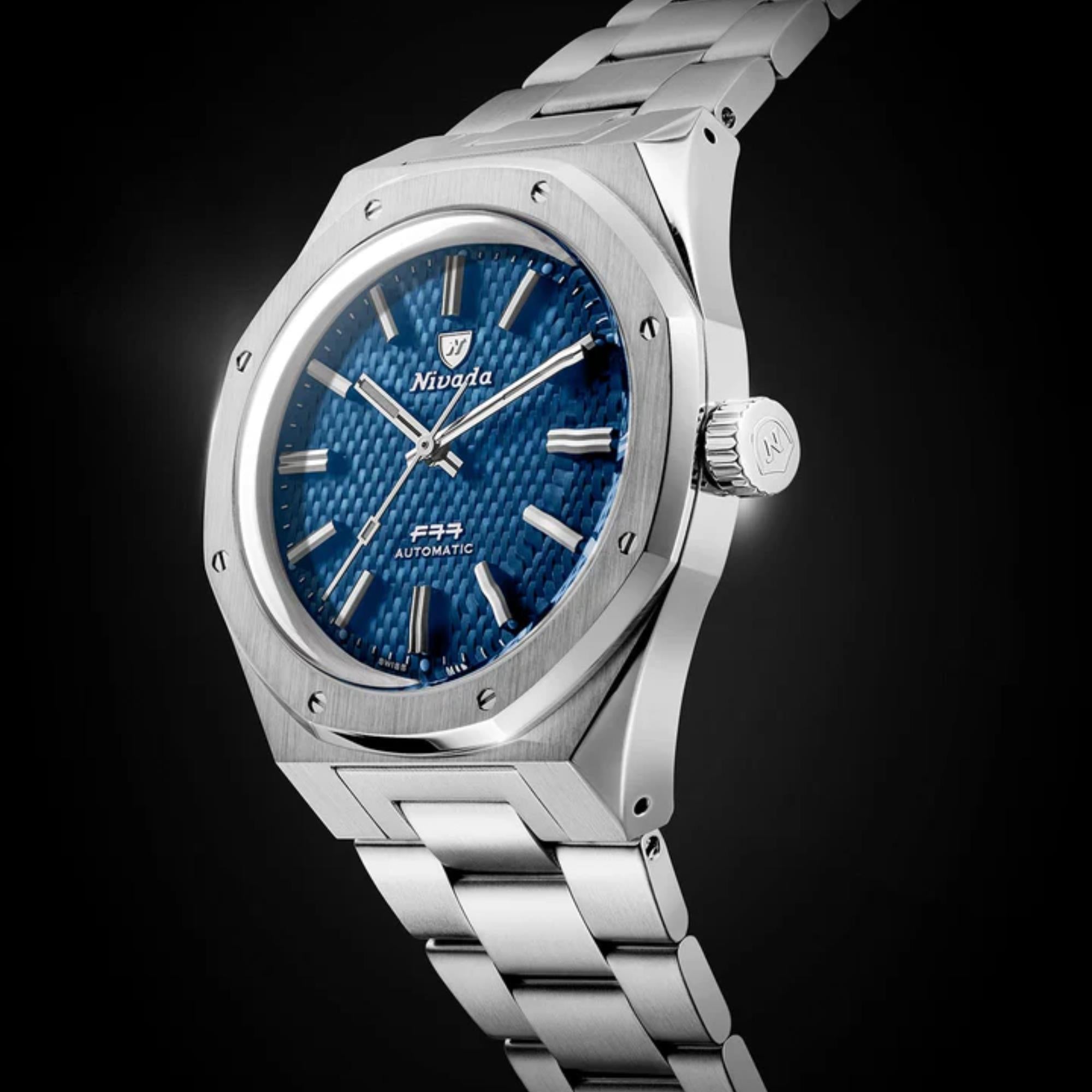 Nivada Grenchen F77 MK2 41mm Blue Dial Steel Mens Automatic Watch 68041A77B