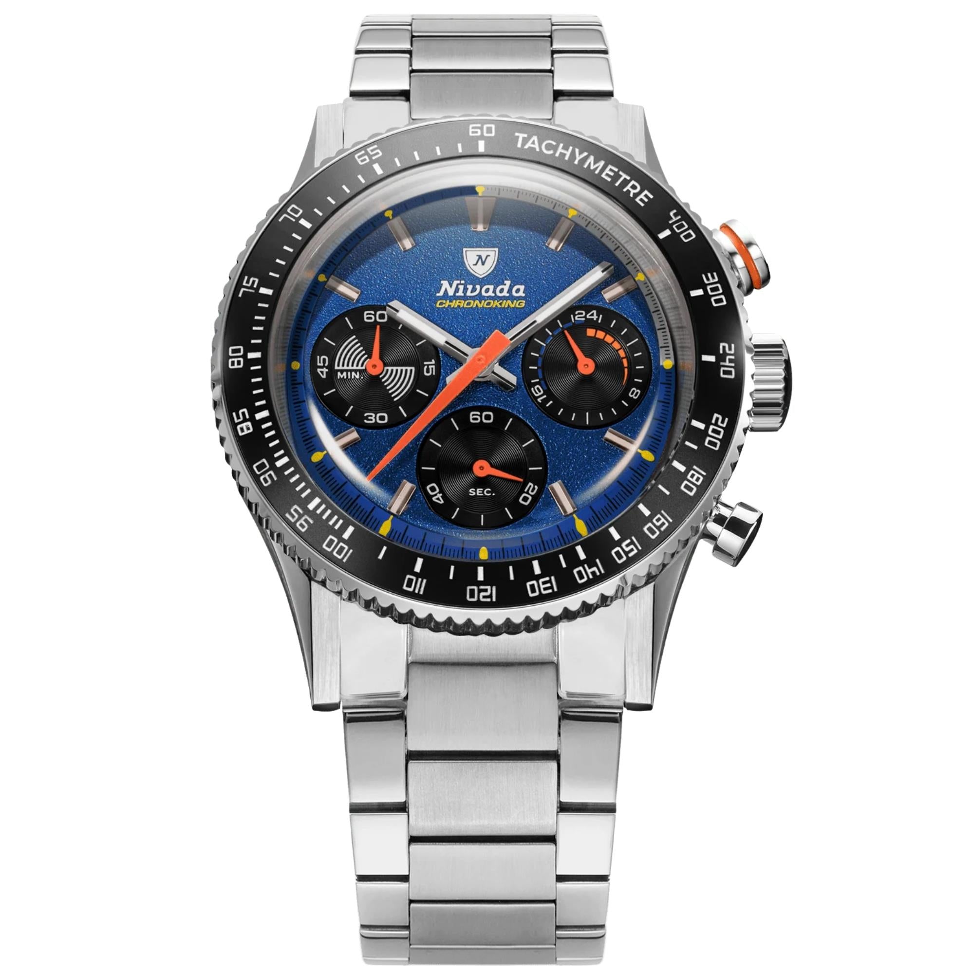Nivada Grenchen Chronoking Mecaquartz Racing 38mm Chronograph Blue Dial Steel Mens Quartz Watch 87050Q20
