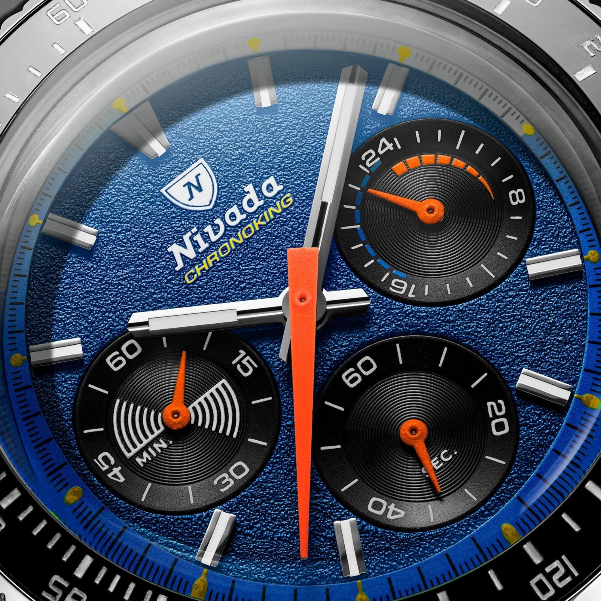 Nivada Grenchen Chronoking Mecaquartz Racing 38mm Chronograph Blue Dial Steel Mens Quartz Watch 87050Q20