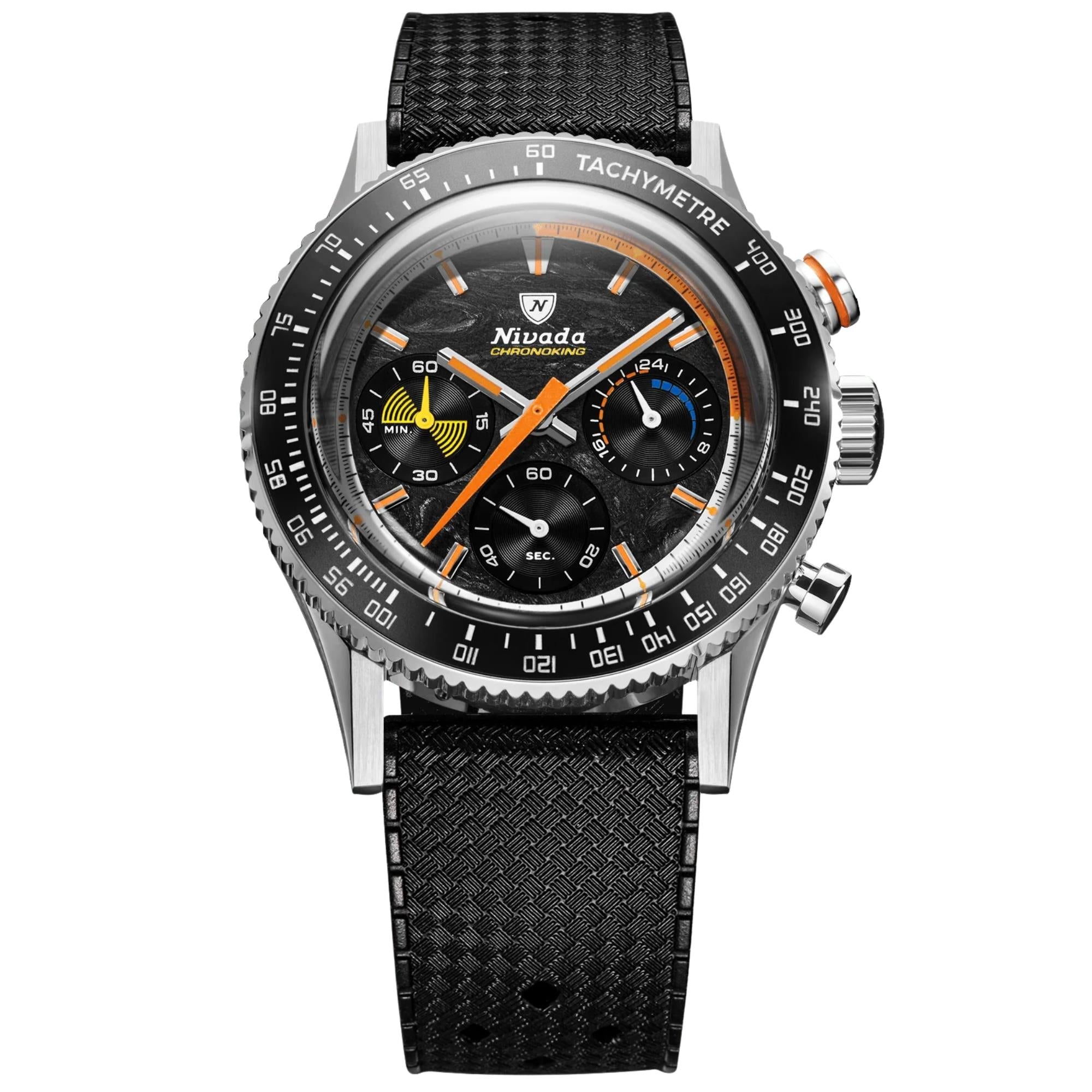 Nivada Grenchen Chronoking Mecaquartz Racing Carbon 38mm Limited Edition Chronograph Black Dial Rubber Mens Quartz Watch 87049Q01