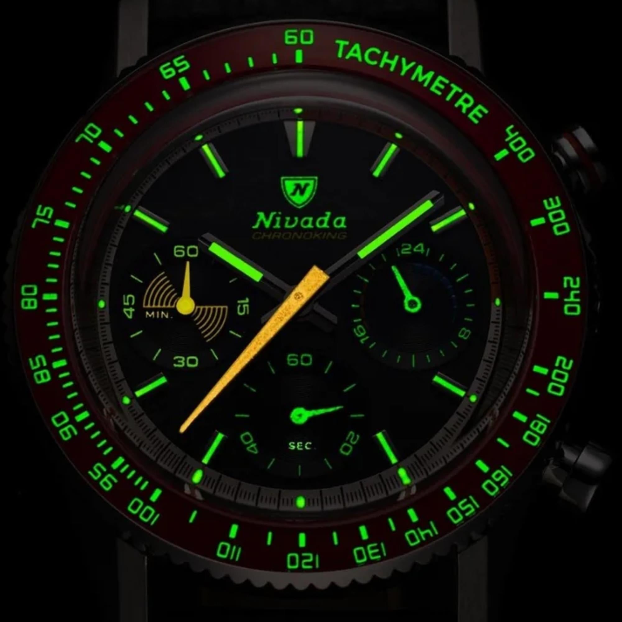 Nivada Grenchen Chronoking Mecaquartz Racing Carbon 38mm Limited Edition Chronograph Black Dial Rubber Mens Quartz Watch 87049Q01