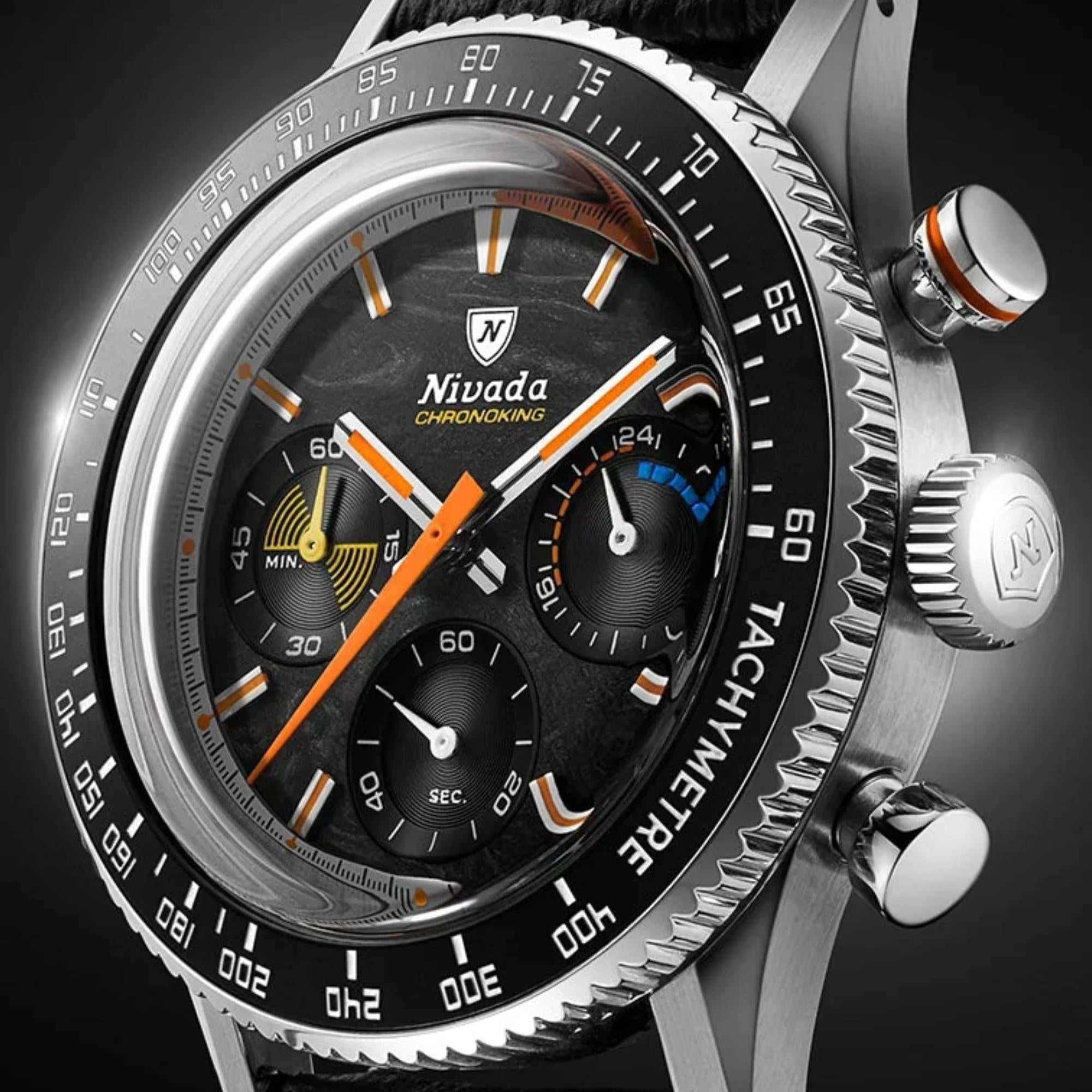 Nivada Grenchen Chronoking Mecaquartz Racing Carbon 38mm Limited Edition Chronograph Black Dial Rubber Mens Quartz Watch 87049Q01
