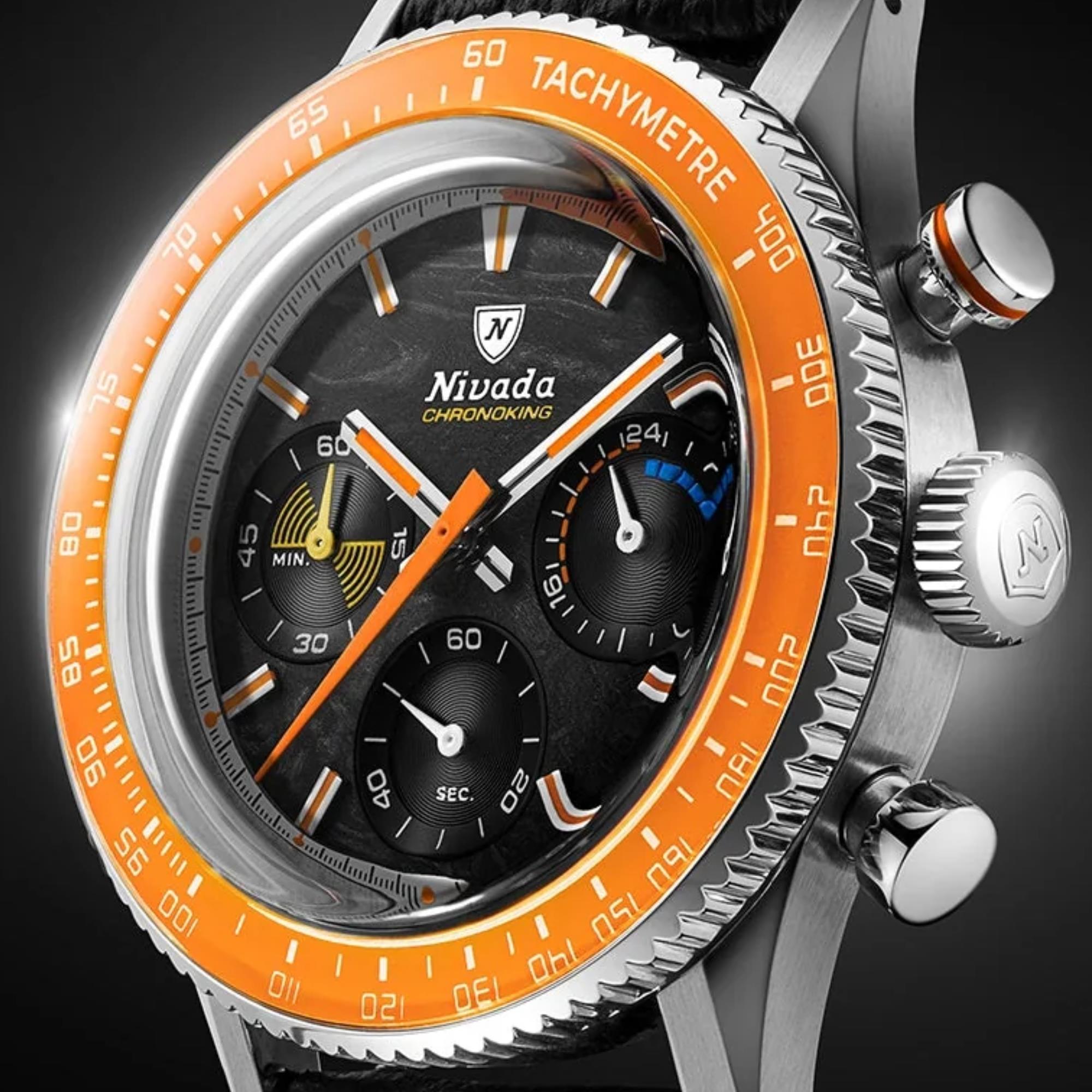 Nivada Grenchen Chronoking Mecaquartz Racing Carbon 38mm Limited Edition Chronograph Black Dial Rubber Mens Quartz Watch 87049Q01