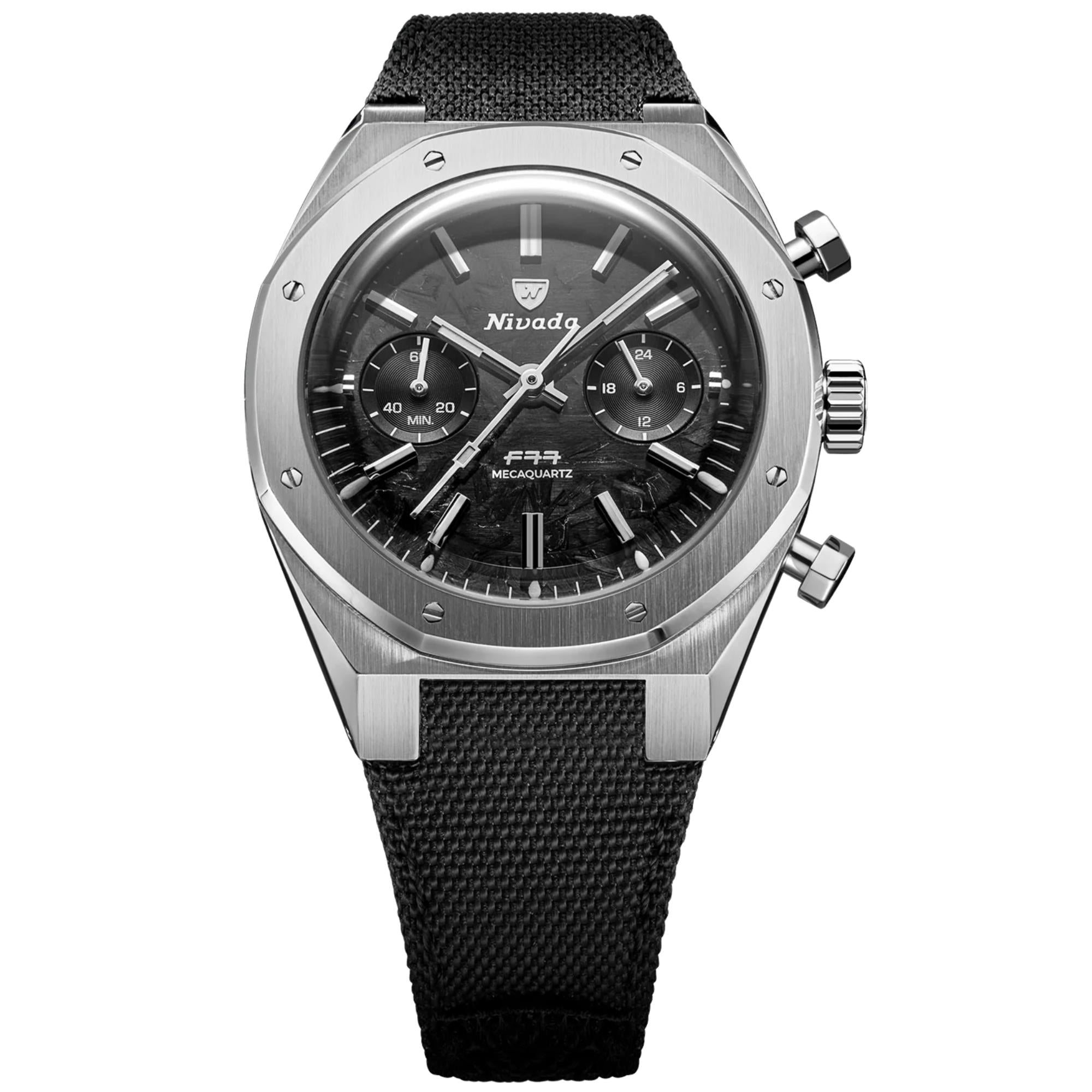 Nivada Grenchen F77 Chrono Mecaquartz MK2 38mm Chronograph Black Dial Canvas Mens Quartz Watch 68002Q77-BC