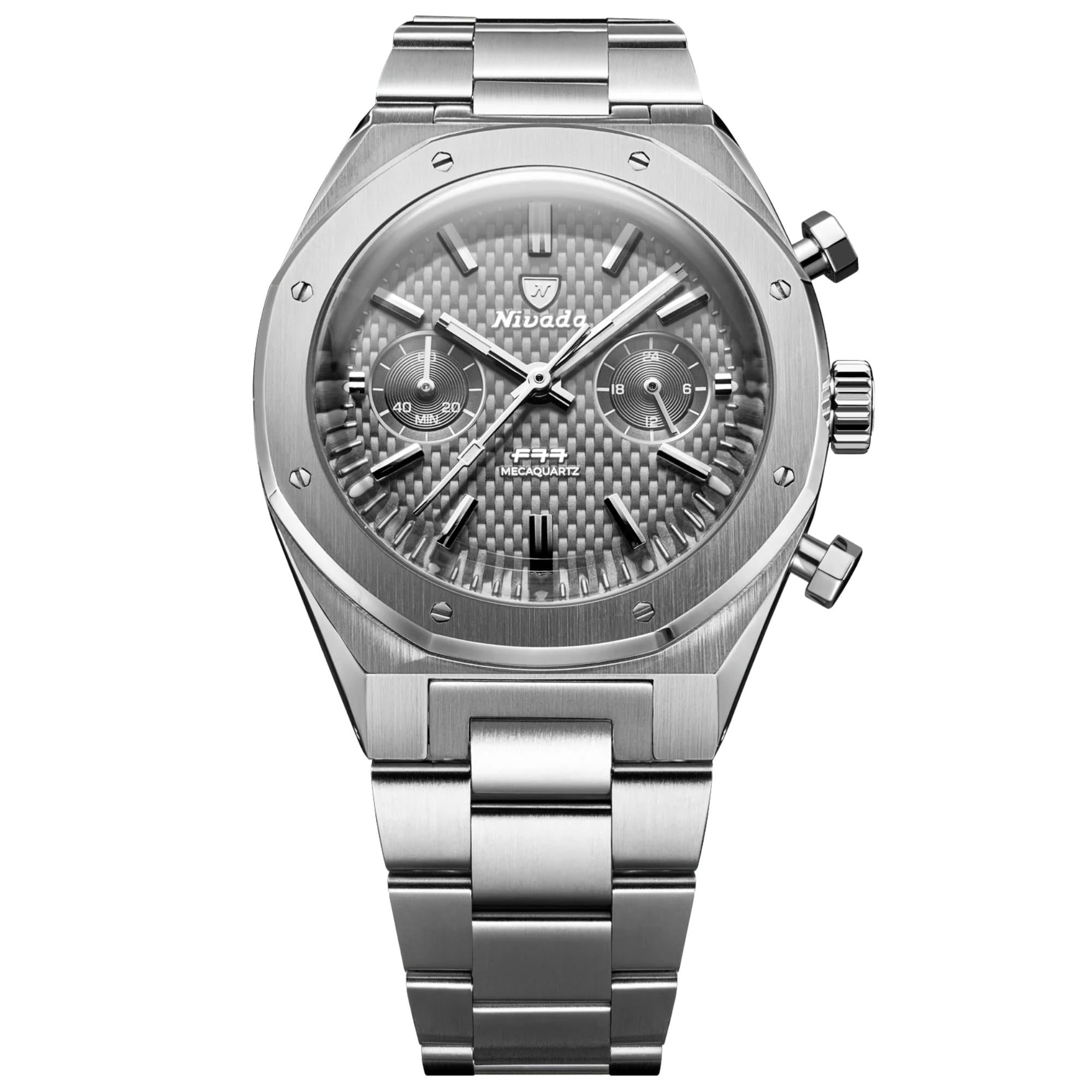 Nivada Grenchen F77 Chrono Mecaquartz MK2 38mm Chronograph Grey Dial Steel Mens Quartz Watch 68001Q77