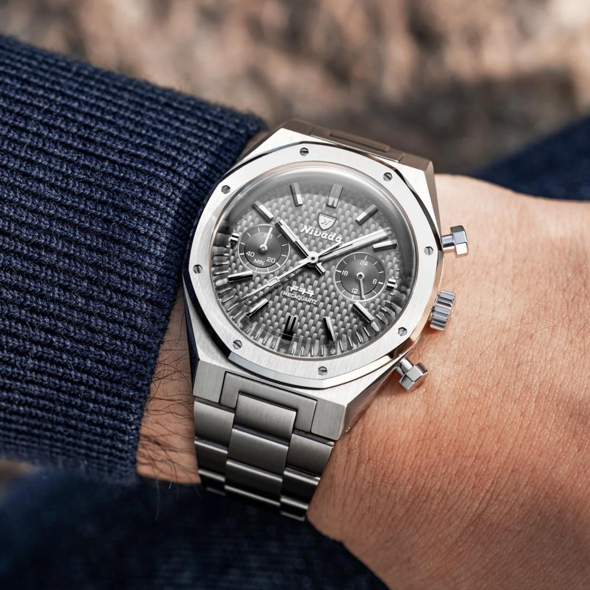 Nivada Grenchen F77 Chrono Mecaquartz MK2 38mm Chronograph Grey Dial Steel Mens Quartz Watch 68001Q77