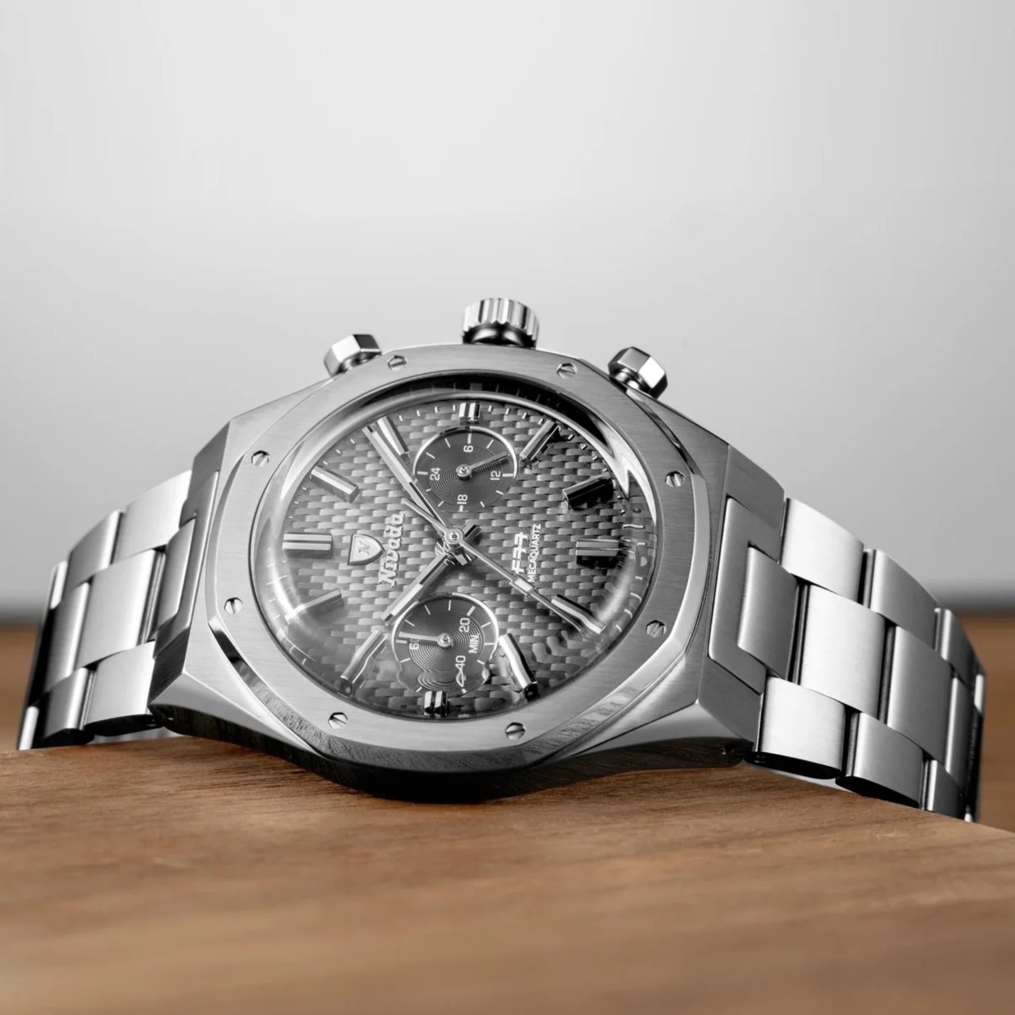 Nivada Grenchen F77 Chrono Mecaquartz MK2 38mm Chronograph Grey Dial Steel Mens Quartz Watch 68001Q77