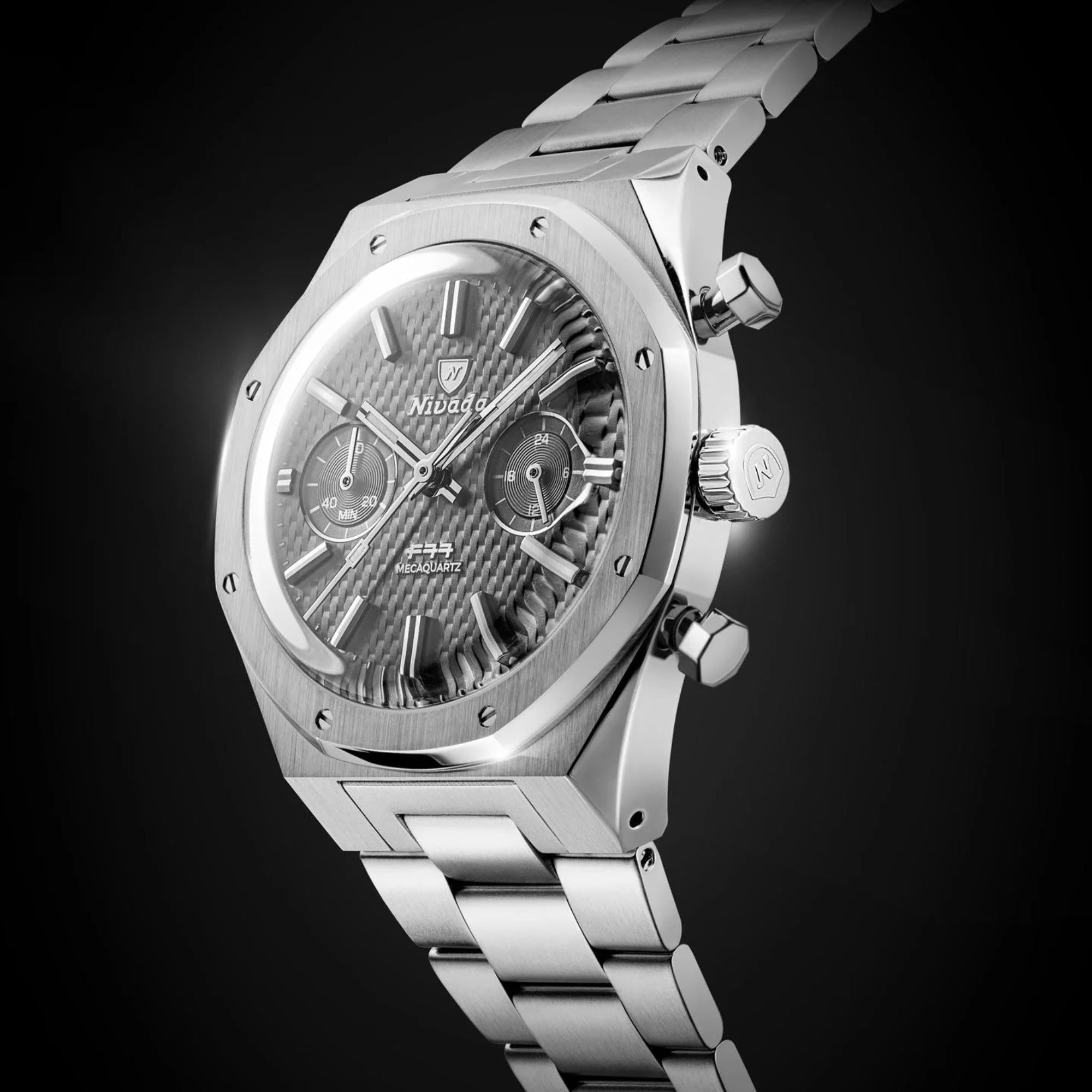 Nivada Grenchen F77 Chrono Mecaquartz MK2 38mm Chronograph Grey Dial Steel Mens Quartz Watch 68001Q77