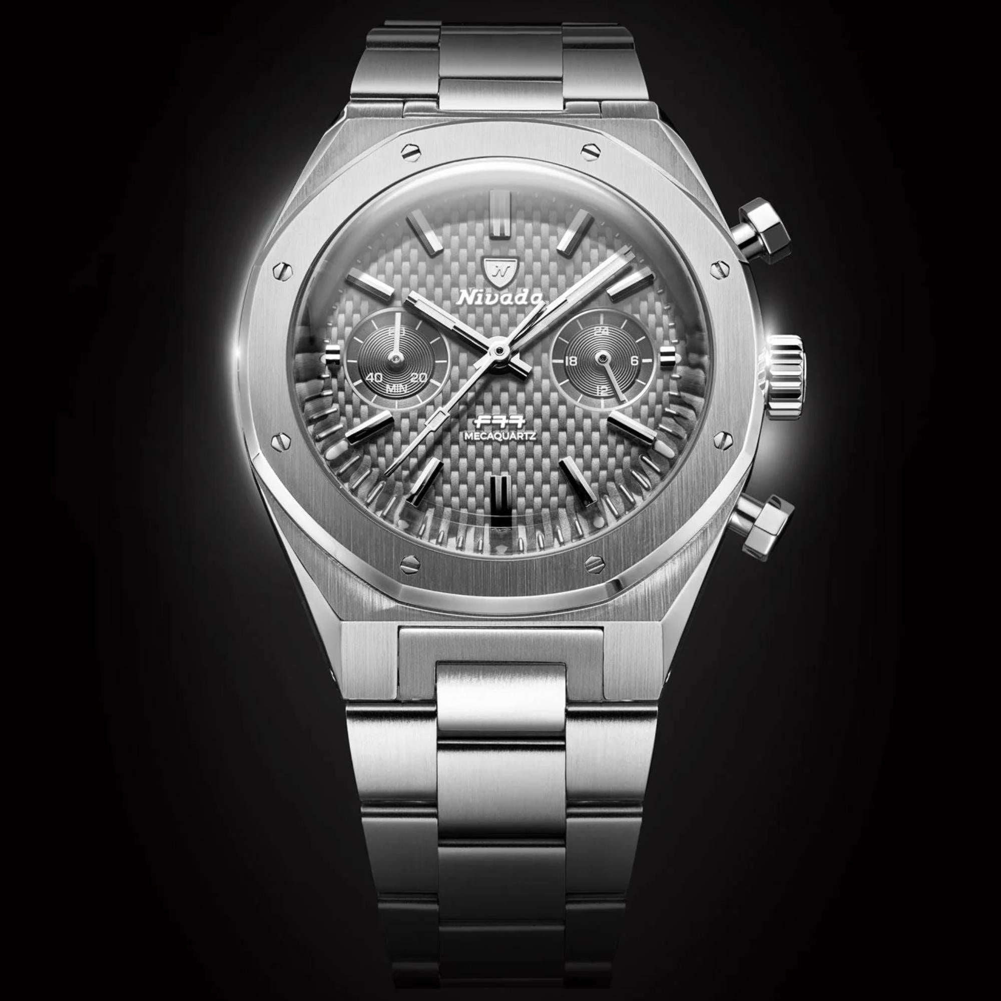 Nivada Grenchen F77 Chrono Mecaquartz MK2 38mm Chronograph Grey Dial Steel Mens Quartz Watch 68001Q77