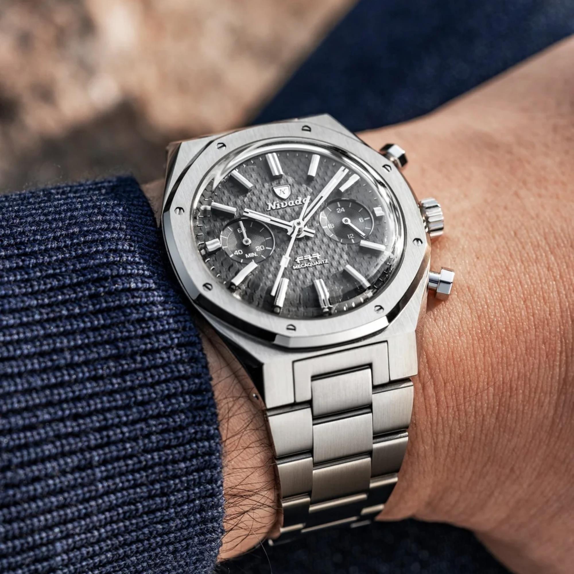 Nivada Grenchen F77 Chrono Mecaquartz MK2 38mm Chronograph Grey Dial Steel Mens Quartz Watch 68001Q77