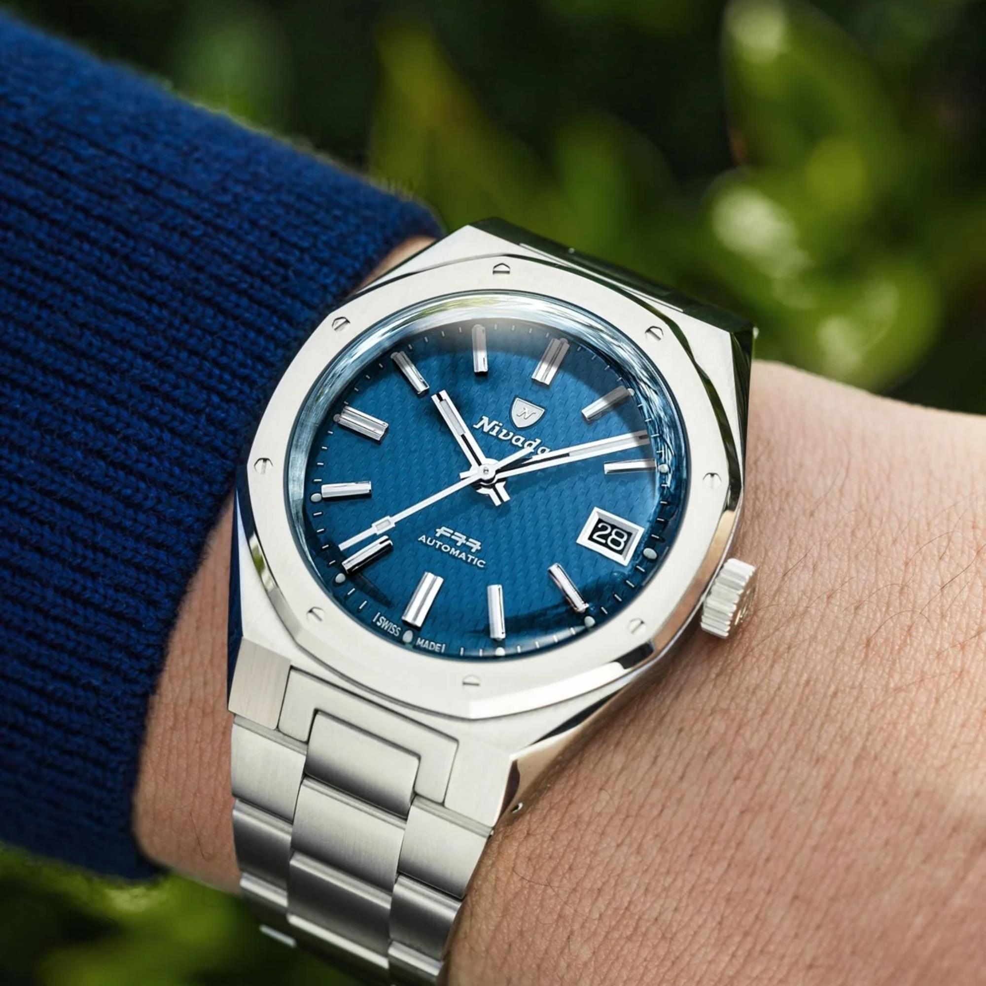 Nivada Grenchen F77 MK2 38mm Blue Dial Steel Mens Automatic Watch 69013A77