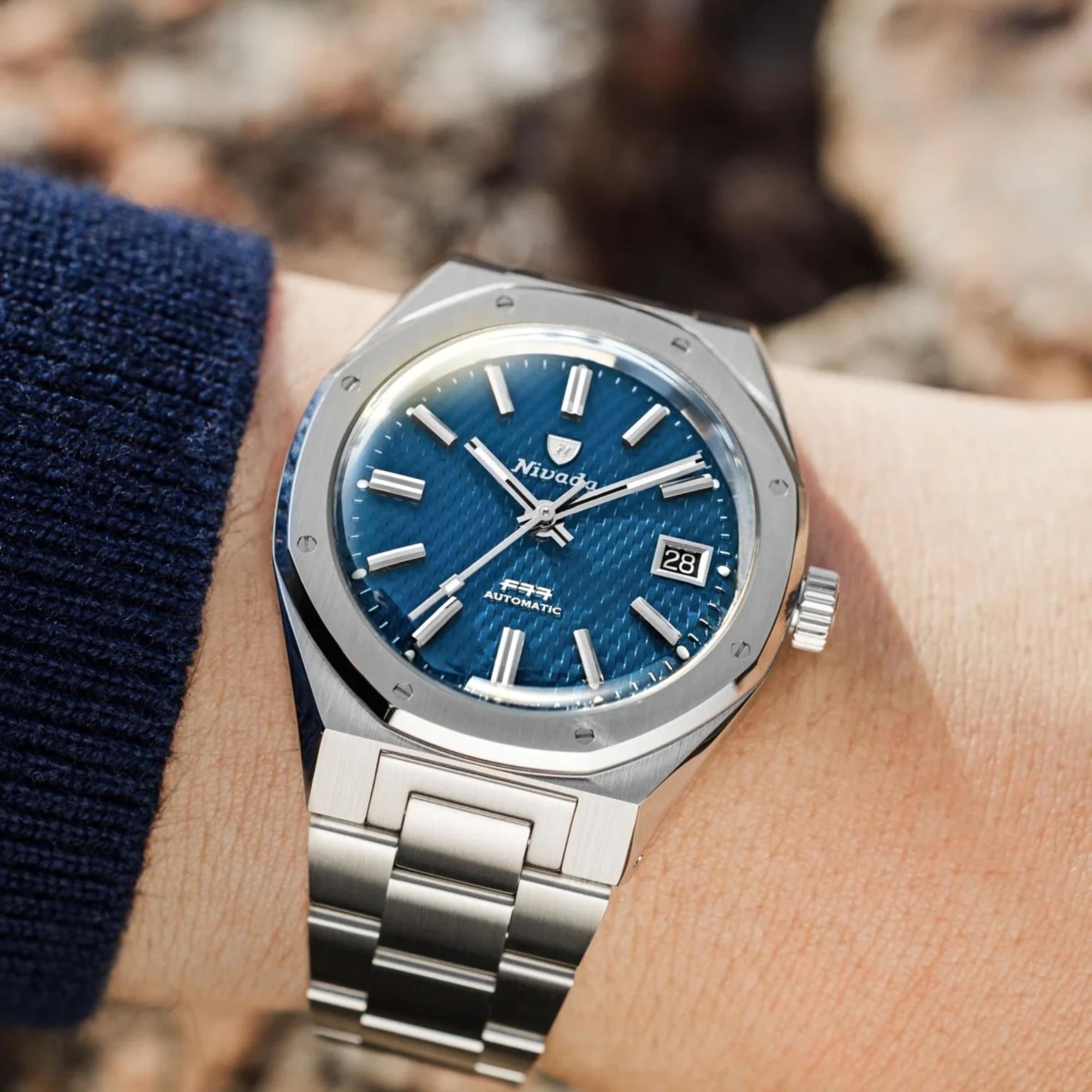 Nivada Grenchen F77 MK2 38mm Blue Dial Steel Mens Automatic Watch 69013A77